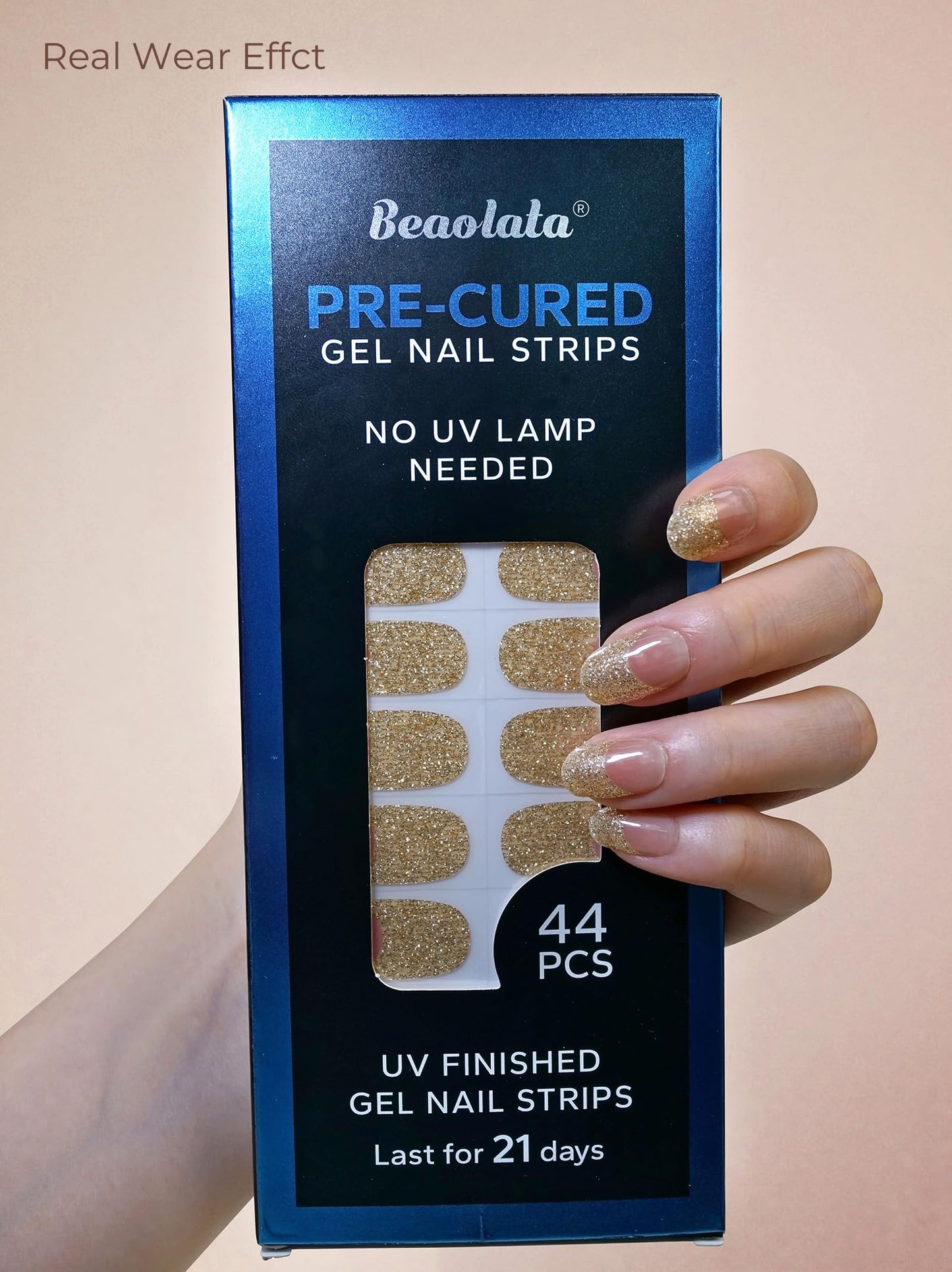 Beaolata Real Gel Nail Strips (No UV Light Needed) - 44Pcs Salon Quality Nail Stickers - Long Lasting Polish Wraps for Women, Easy Apply & Remove (Gold Haze