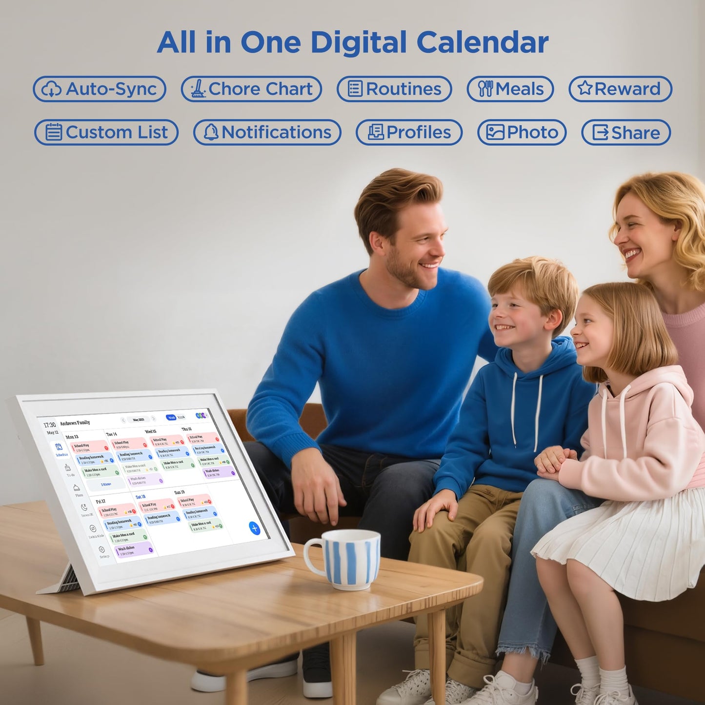MVOWN 15.6 Inch Digital Calendar Chore Chart 1920 * 1080P Full HD Touchscreen Interactive Display Smart Electronic Calendar for Family Organizer Schedules Desk & Wall Mount Digital Planner White