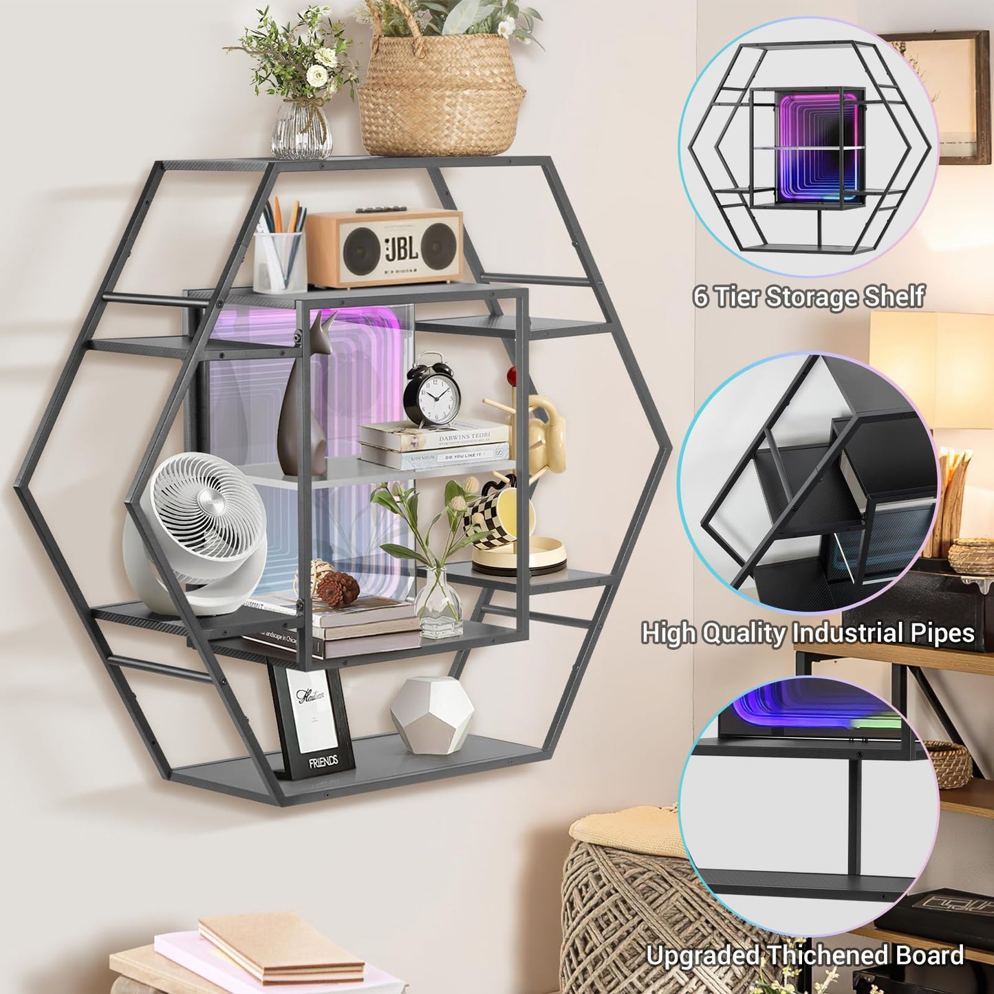 FUSLITE Infinity Mirror Gaming Floating Shelves with LED Lights, Hexagon Wall Mounted LED Shelf with RGB App Control, 36.6" Large Display Rack for Gaming Room Decor, Action Figures, Collectibles
