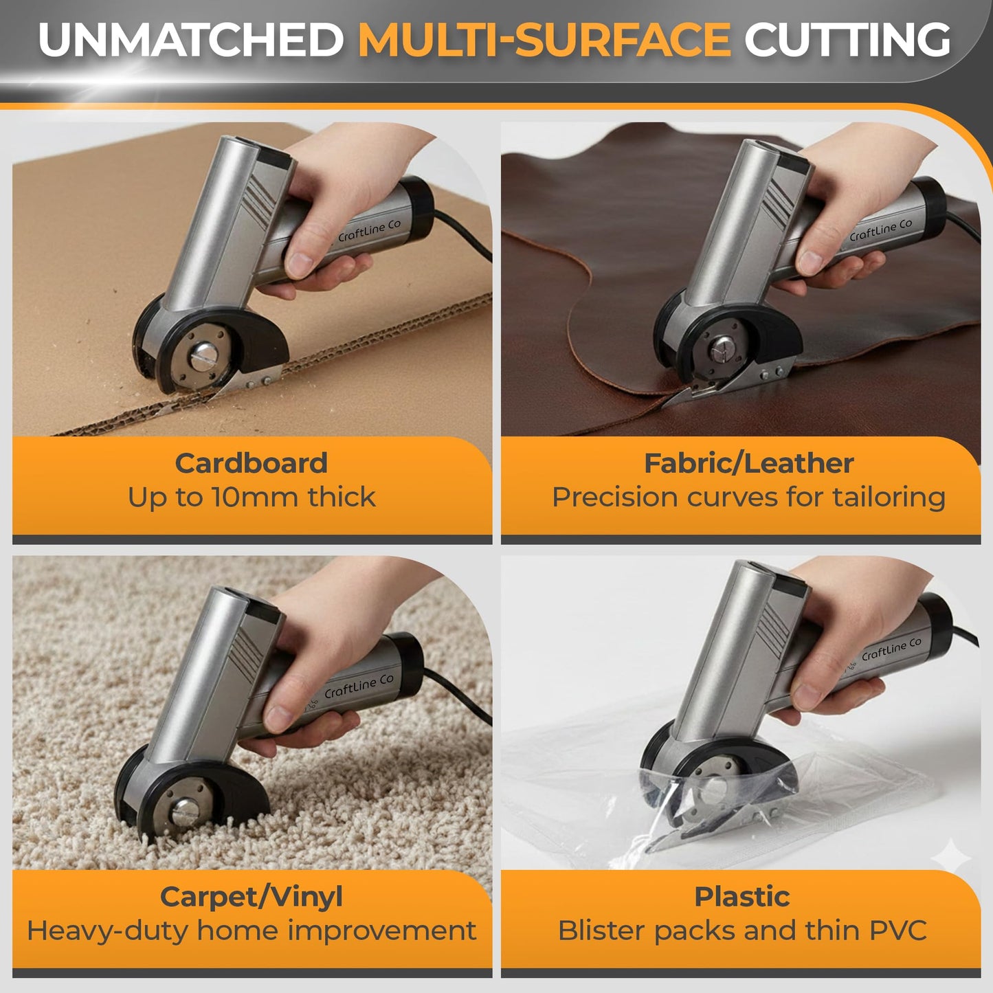RapidEdge Cordless Electric Scissors Rechargeable Cardboard Cutter, Brushless 350RPM, Tungsten Blade, Quick Blade Swap, USB-C | Fabric Cutter for Carpet, Leather, Sewing & Quilting