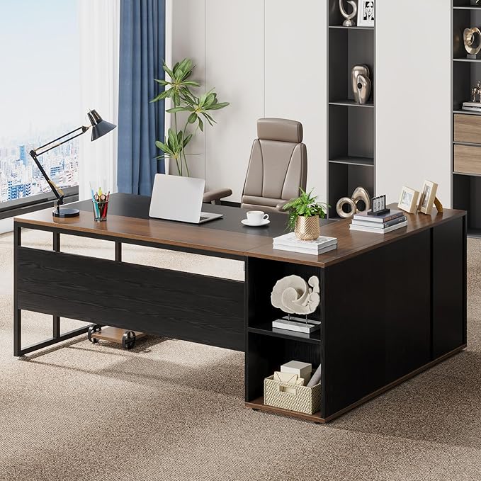 Tribesigns 71 inch Executive Desk, L Shaped Desk with Cabinet Storage, Executive Office Desk with Shelves, Business Furniture Workstation for Home Office, Black and Brown