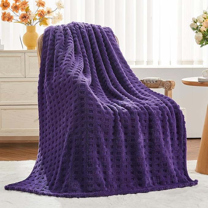 NEWCOSPLAY Super Soft Queen Blanket Purple Premium Silky Flannel Fleece 3D Waffle Checkered Lightweight Bed Blanket All Season Use (Dark Purple, Queen(90"x90"))