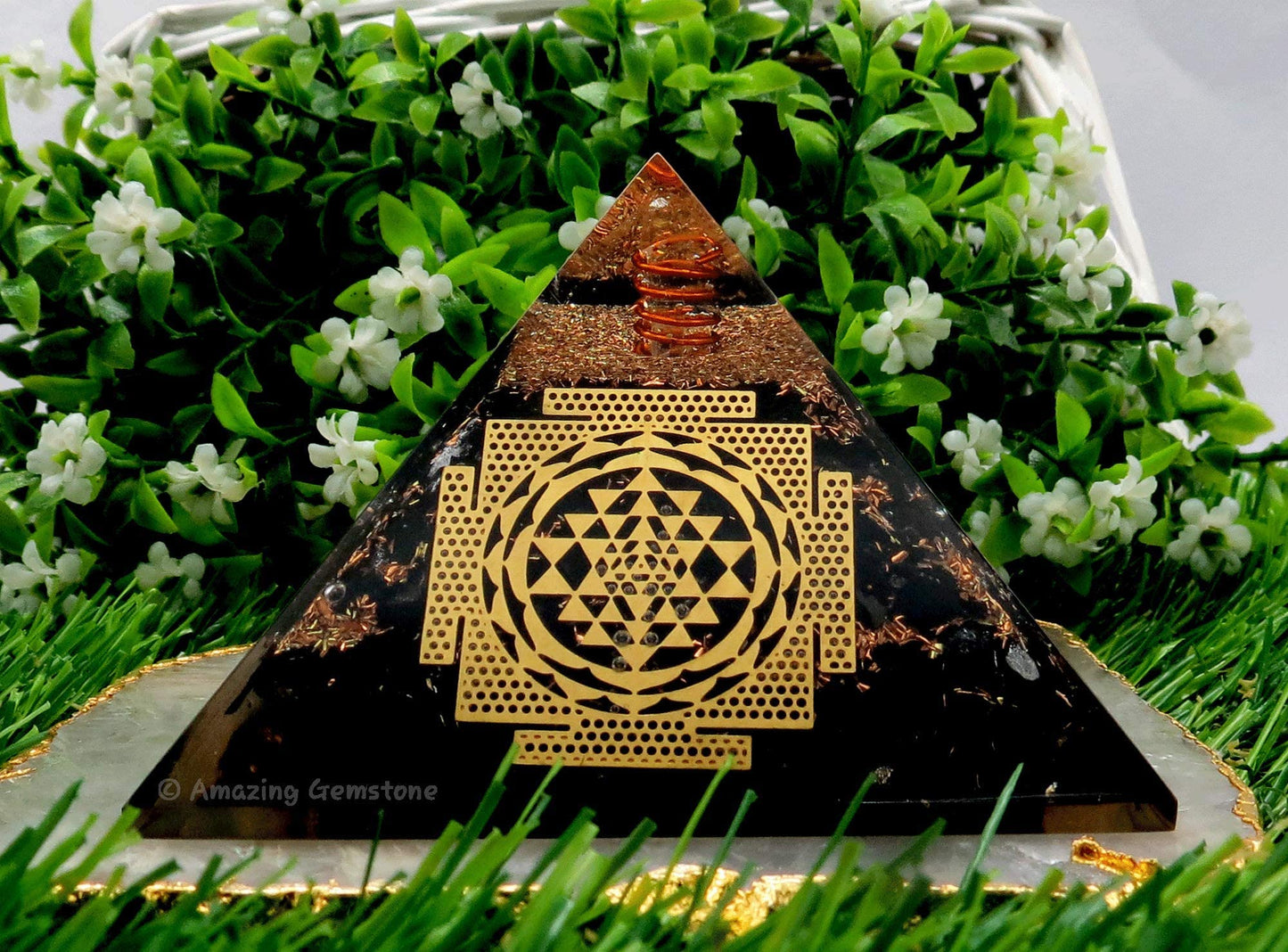 Amazing Gemstone Large Black Tourmaline Orgone Pyramid Crystal, Sri Yantra Big Orgonite Pyramid - Positive Energy Healing