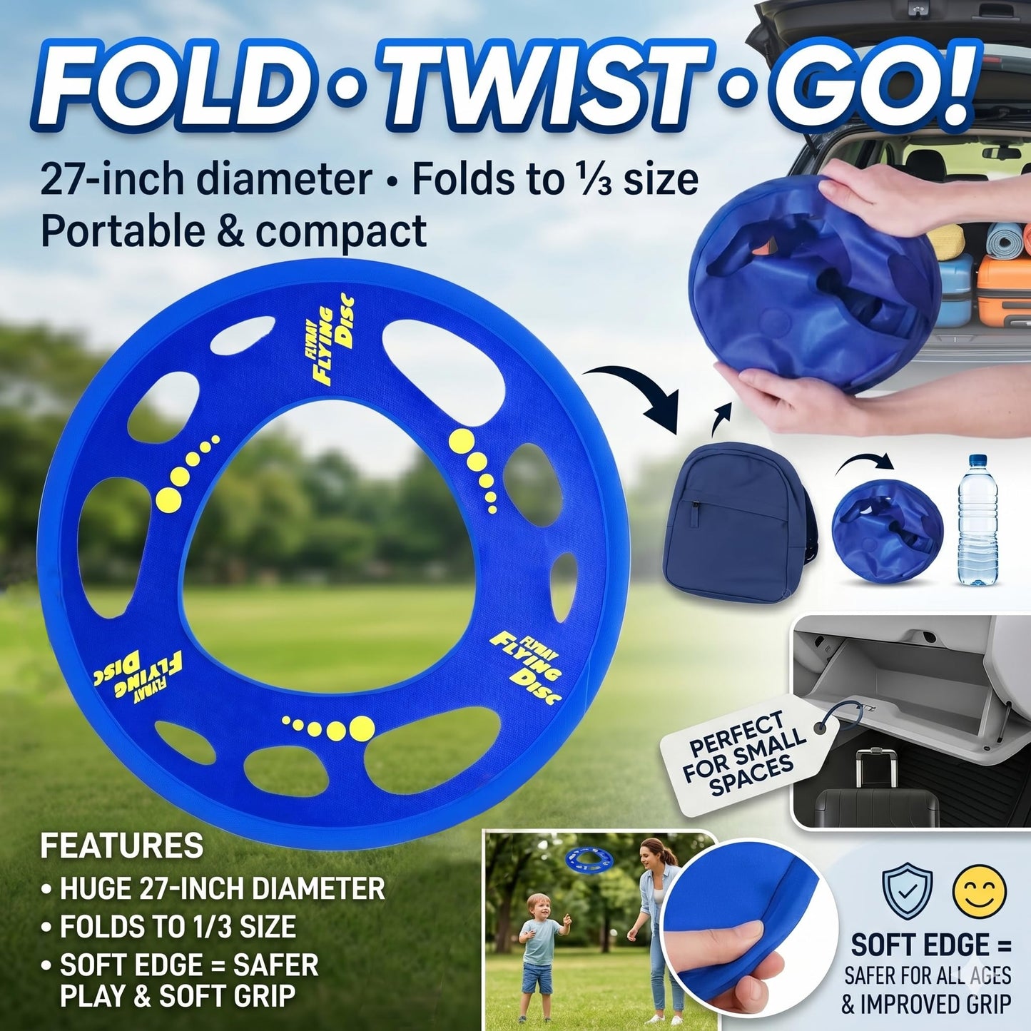 Giant Flying Disc Soft, Foldable & Floats in Air - Encourage Outdoor Play & Family Fun - Great for Kids, Parent-Child Interaction, and School Activities (27 Inch)