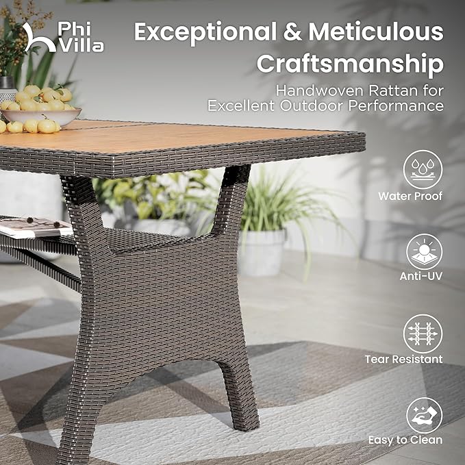 PHI VILLA Outdoor Dining Set for 8, Rectangular Wicker Table with Acacia Wood Top & Rattan Chairs with Cushions, 74” Large Modern Furniture Set for Patio, Deck, Backyard, Porch