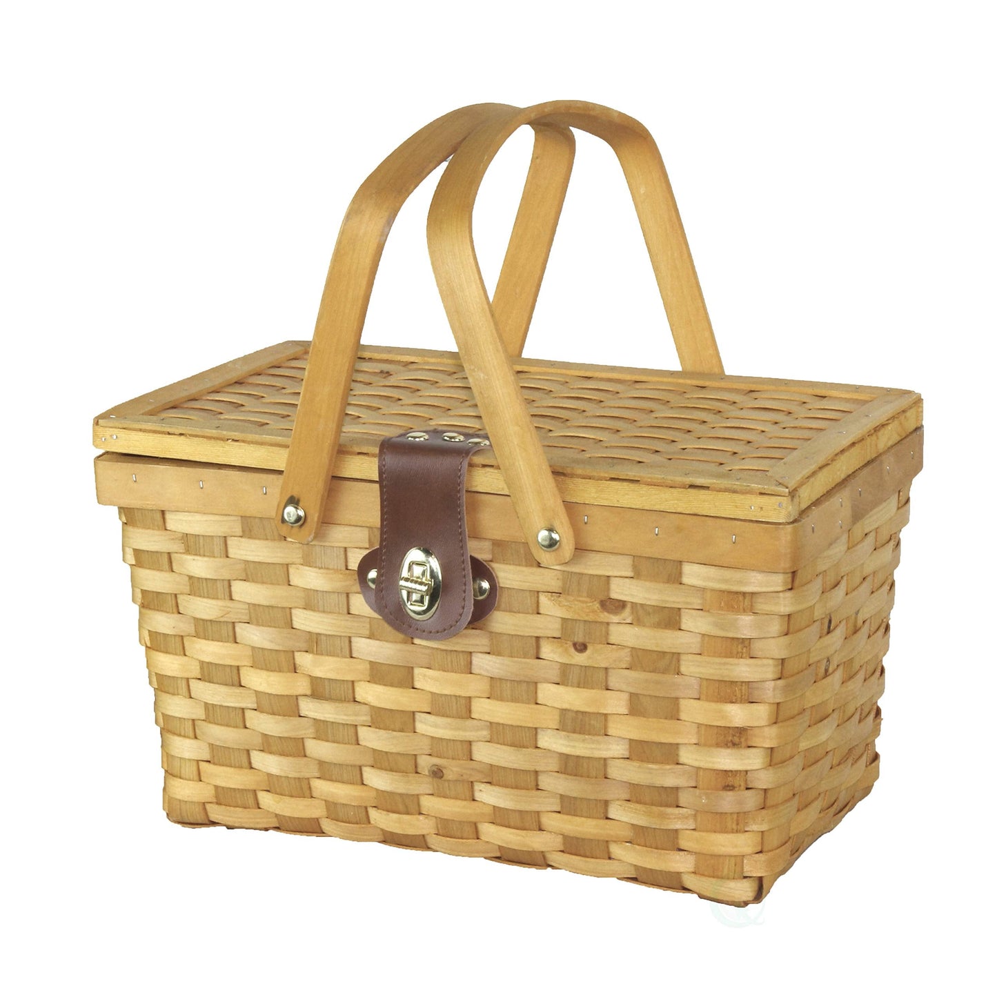Wickerwise Gingham Lined Woodchip Picnic Basket with Lid and Movable Handles
