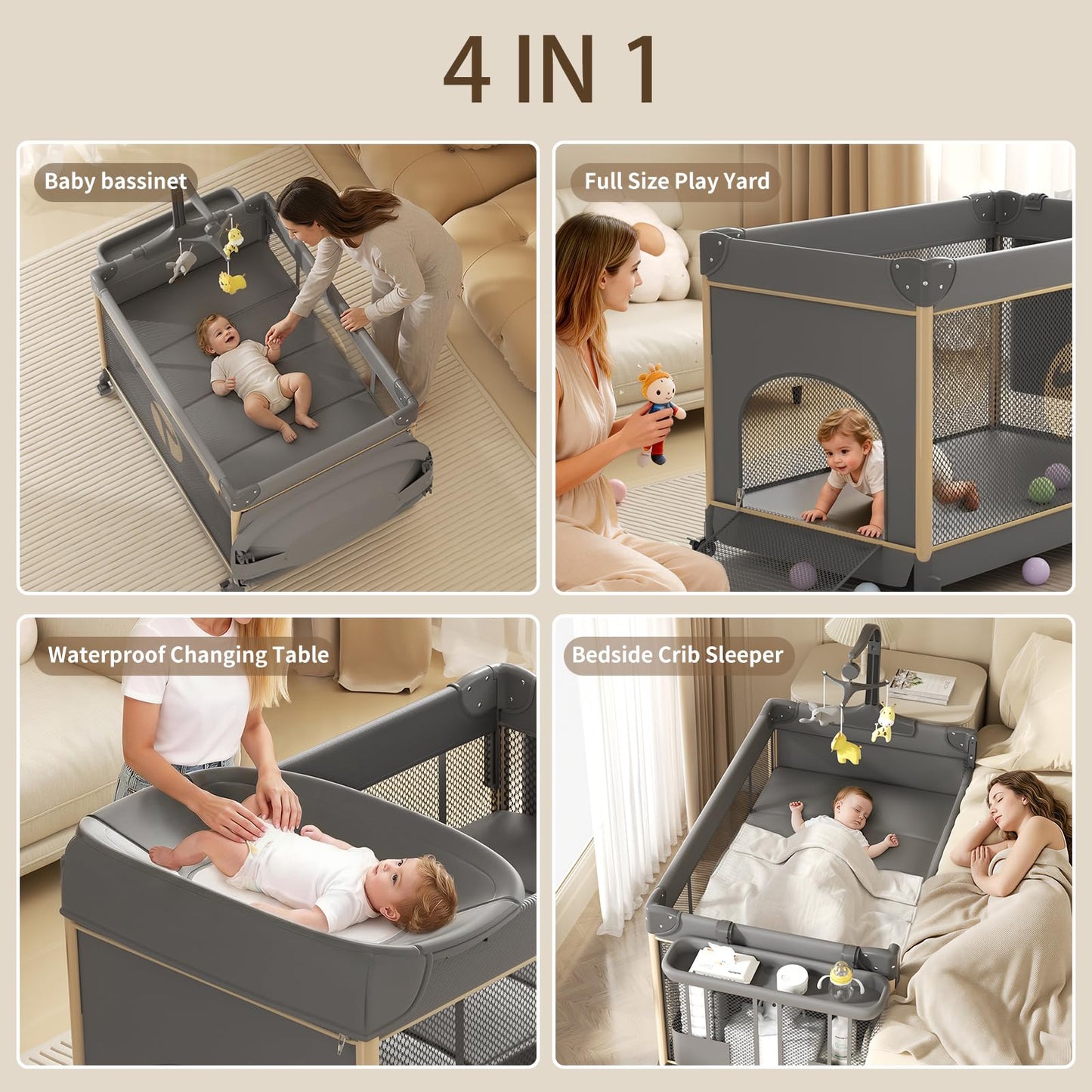 Trimigo 4-in-1 Pack and Play with Bassinet, Bedside Sleeper, Playard, and Changing Table, Folding Travel Crib with Musical Toy Rack & Bag, 4-Level Height Adjust, Newborn to Toddler（Ivy Gray）