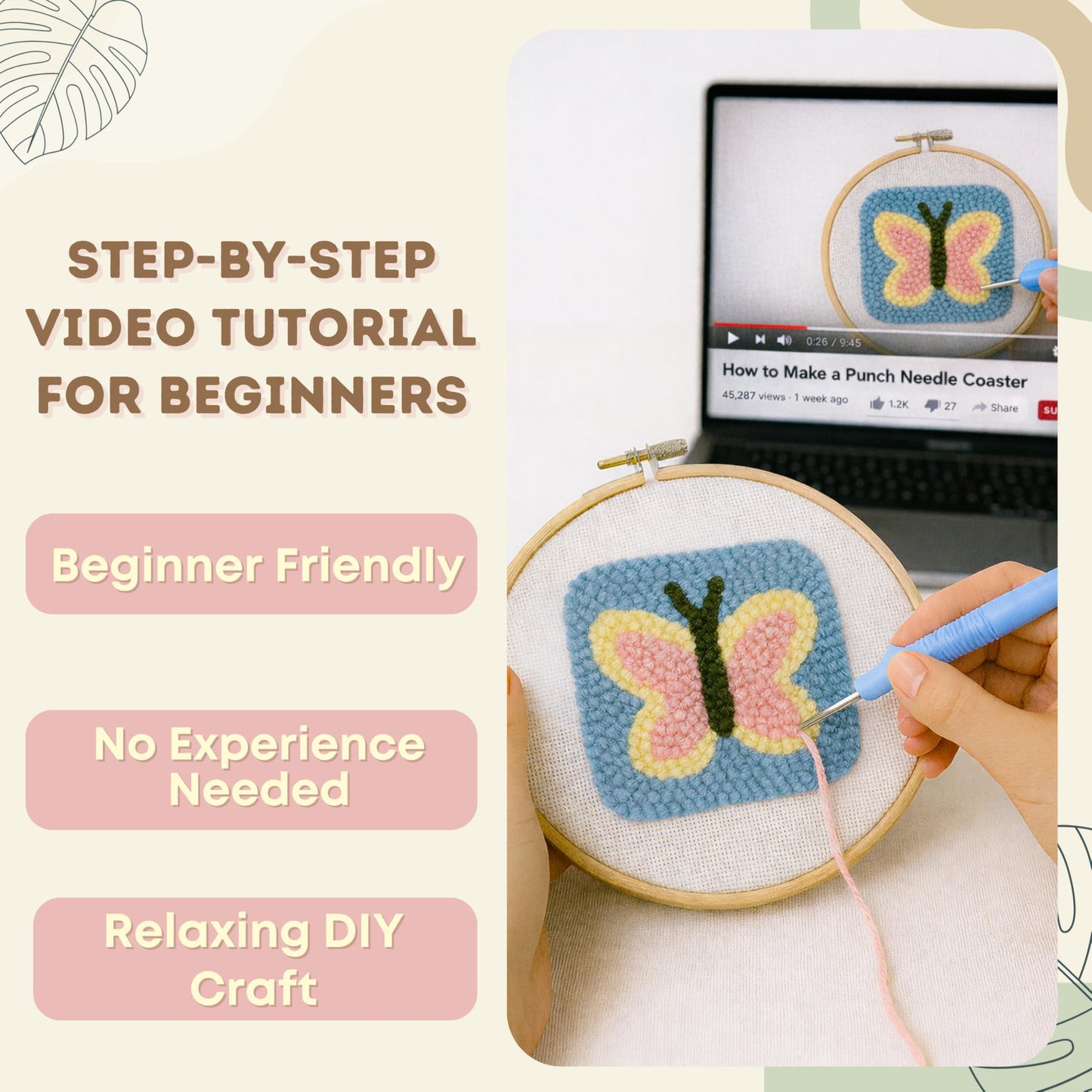 Kukovaya Punch Needle Kit for Beginners & Adults – Complete DIY Embroidery 6-Coaster Kit with Printed Fabric, Yarn, Needle, Hoop & Guide – Easy Craft Kit for Home Décor, Gifts & Stress Relief