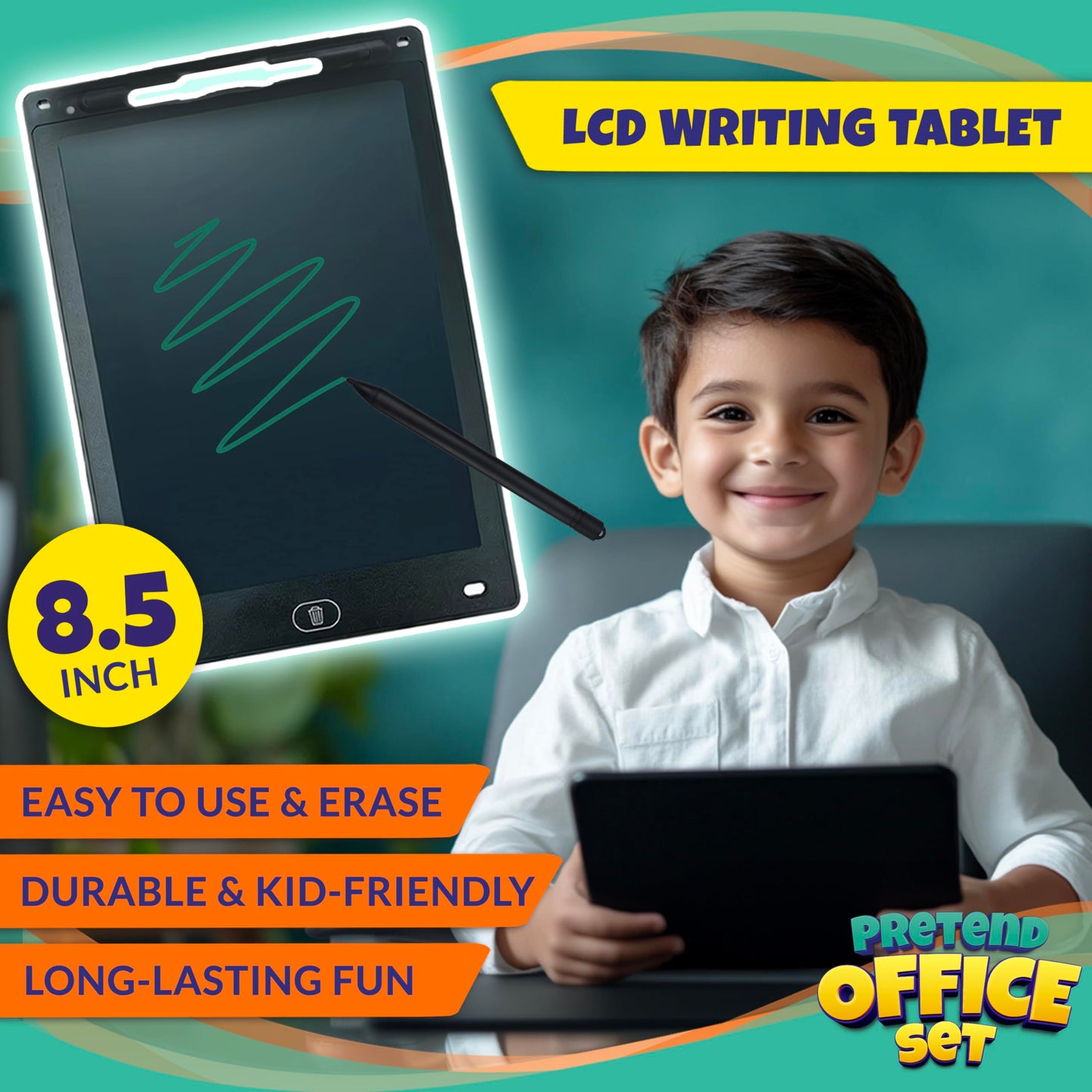 BLOONSY Pretend Play Home Office Set for Kids Ages 3-5-7 | Features Toy Laptop Computer, LCD Writing Tablet, Pop Fidget Calculator, Cell Phone, Headset & Toddlers Beverage Cup