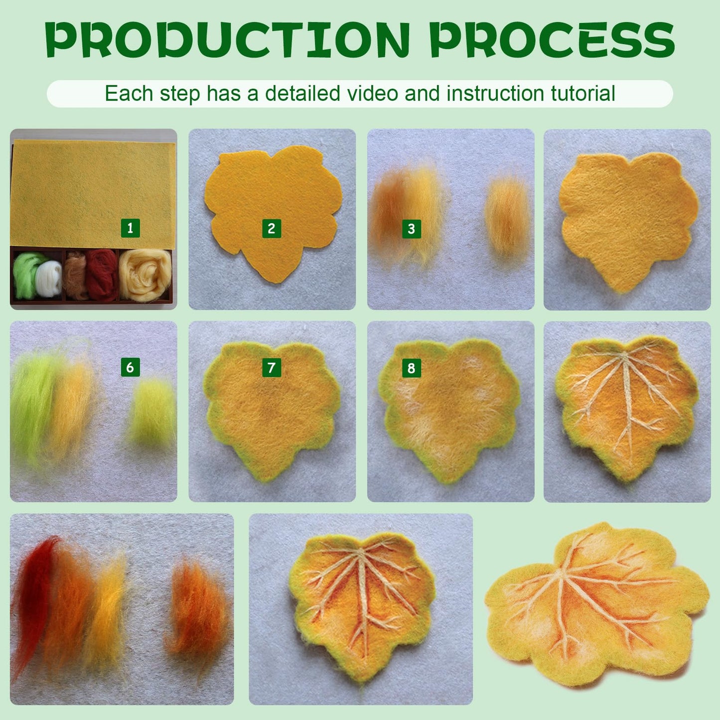OEHPICC Needle Felting Kit, 6 Pcs Plant Leaf Coasters Needle Felting Starter Kit,Wool Felting Kit with Wool Roving, Foam Pad and Instructions for DIY Felting Starters