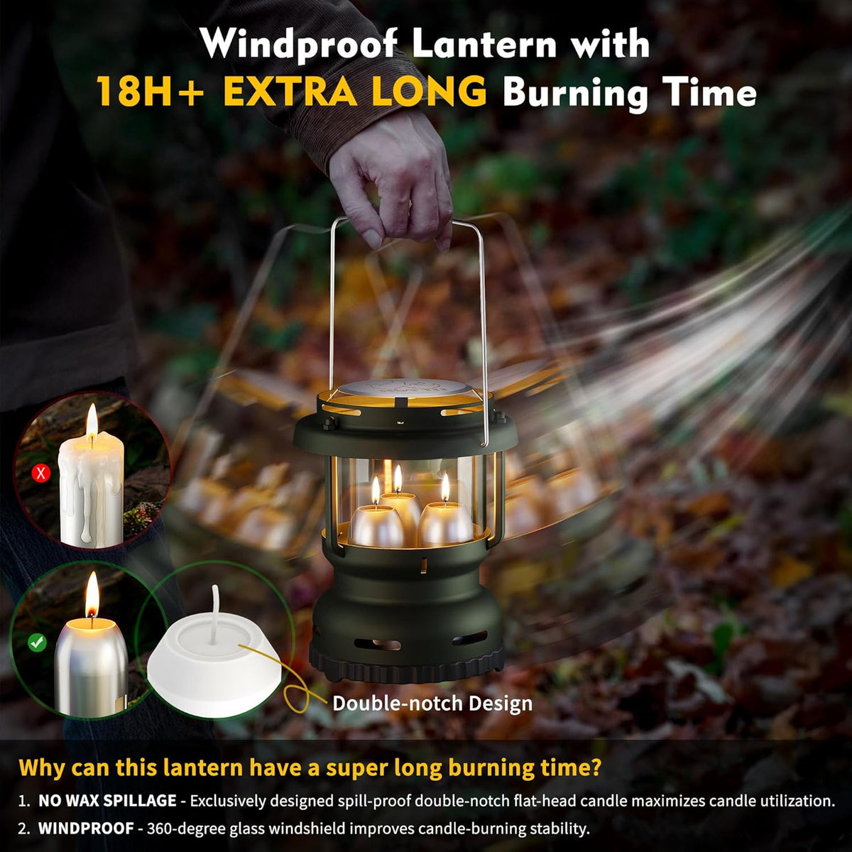 3-Wick Emergency Candle Lantern for Power Outages [18H+ Burning Time] Vintage Decorative Candle Lantern for Real Candles, Outdoor Portable Camping Survival Lighting [7.1"*5.7" - Forest Green]