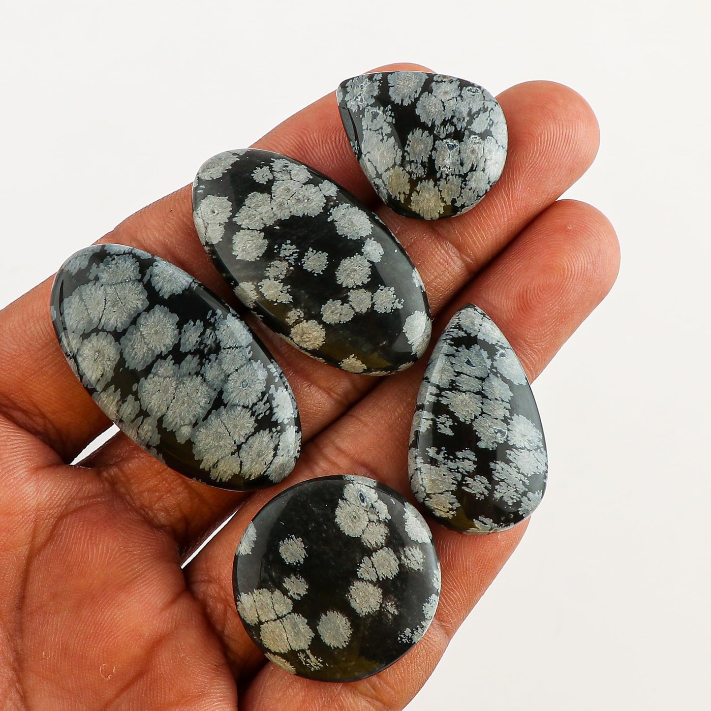 CRYSTALINES 5pcs, Natural Snowflake Obsidian Gemstone Cabochon, Wholesale Flatback Crystal for Jewelry Making, Polished Stones, Bulk Loose Supply, Artisan Crafts, Wire Wrapping, Gem Collection