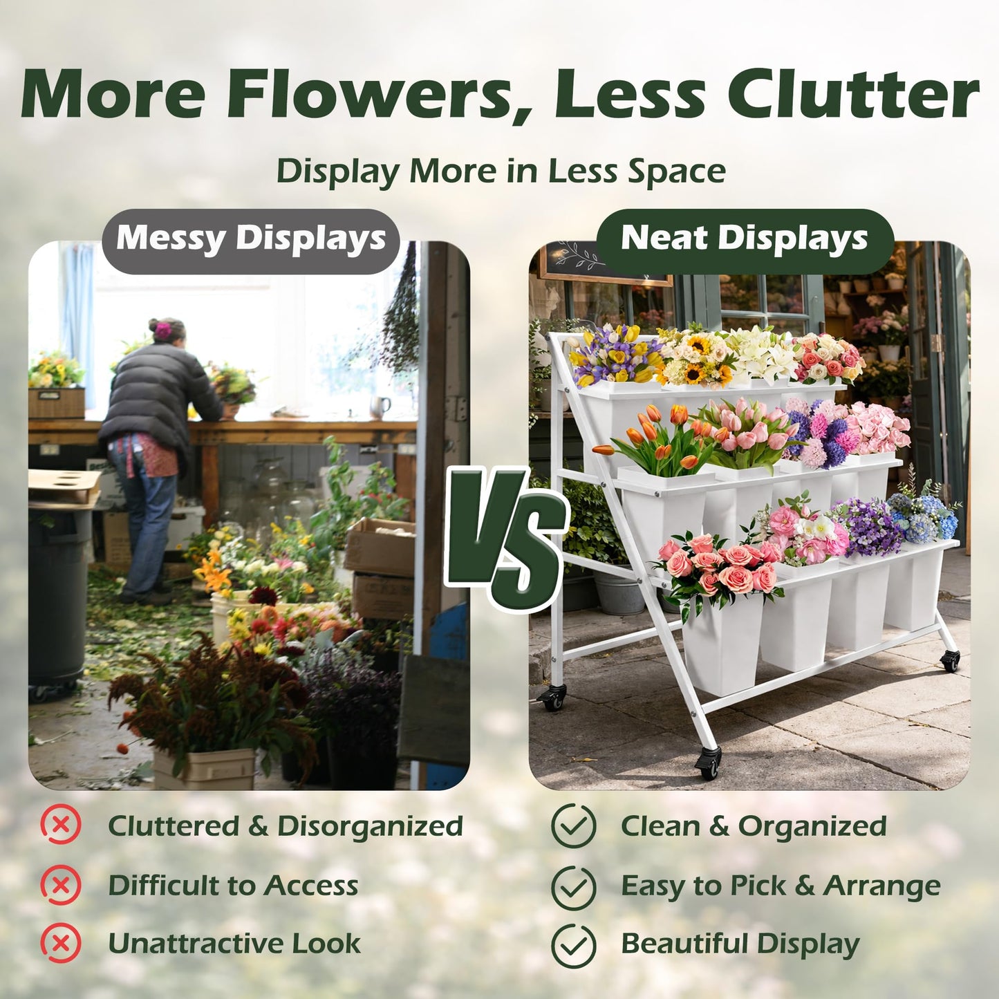 PROLEE Flower Display Stand with 12 Buckets, Flower Cart 3 Layers, Flower Stand Metal with Wheels, Moving Florist Bouquet Shelf, Triangular Rack, White