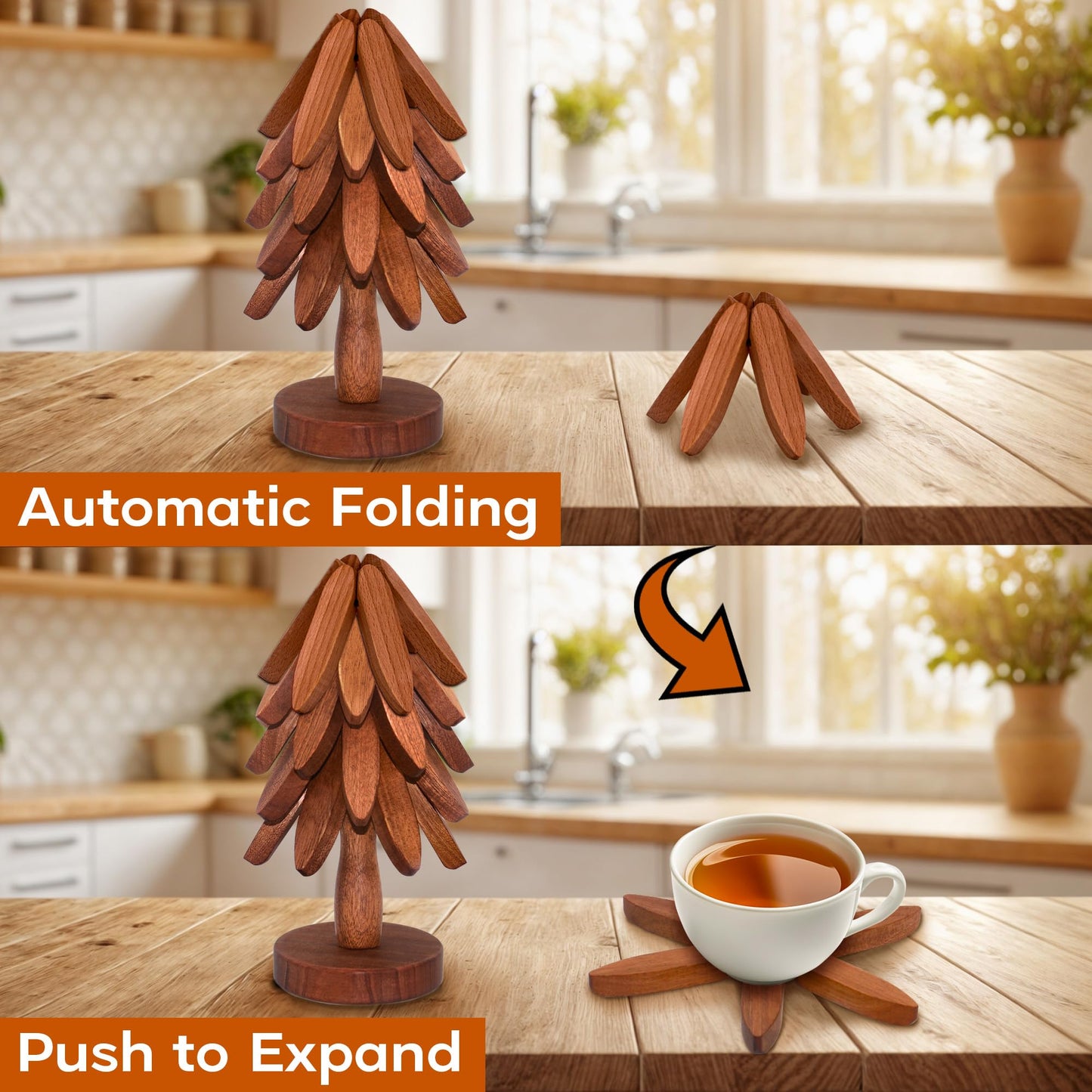 Wooden Trivets for Hot Dishes, Wooden Tree Trivet Set of 5 for Easy Storage - Suited for Hots, Pans, Bowl, Teapot, Hot Holders - Multifunctional Ornaments (Dark - 5 PCs)