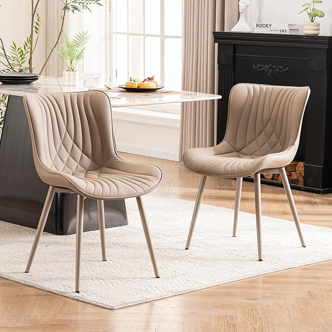YOUTASTE Modern Upholstered Dining Chairs Set of 2, All Khaki Faux Leather Kitchen Chairs, Mid-Century Armless Accent Chairs with Metal Legs for Living Room, Bedroom