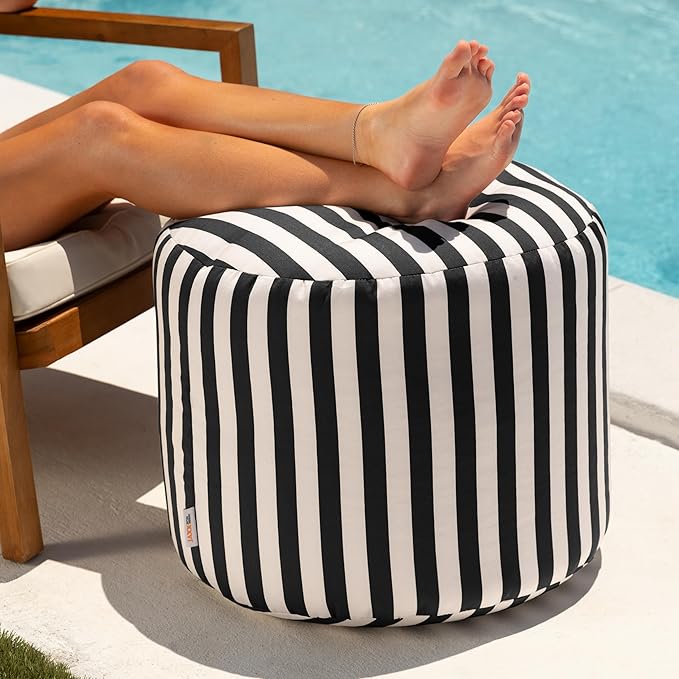 Jaxx Spring Indoor/Outdoor Bean Bag Pouf Ottoman, Black & White Stripes
