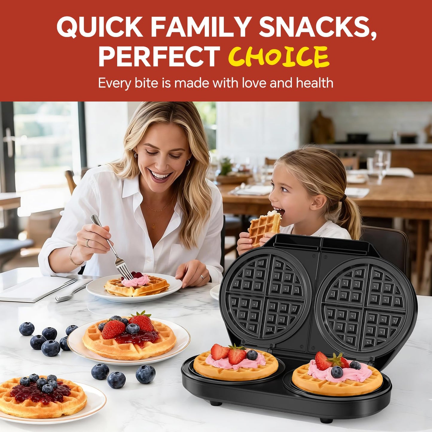 Double Waffle Maker, Belgian Waffle Maker, 6.5 Inch Waffle Iron with 2 Independent Adjustable Temp Knobs & Indicator Lights, Easy-Clean Nonstick Plates, Stainless Steel, Black