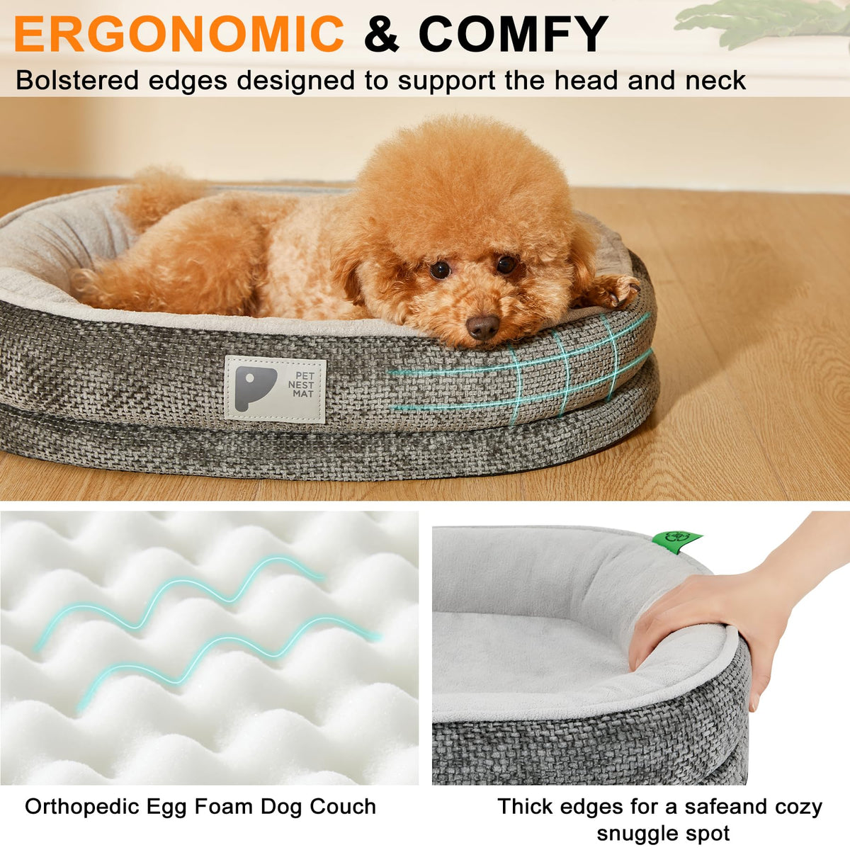 Dog Bed Medium Size Dog,Orthopedic Bed with Removable Cover&Non-Slip Bottom Couch Bed with Four-Sided Bolster Grey M