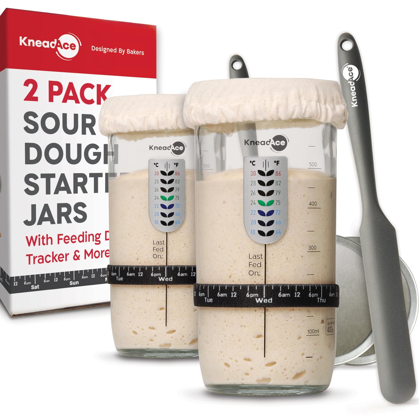 KNEADACE Sourdough Starter Jar With Date Marked Feeding Band, Thermometer, Sourdough Jar Scraper, Sourdough Container Sewn Cloth Cover & Metal Lid, Sourdough Starter Kit (2 Pack)