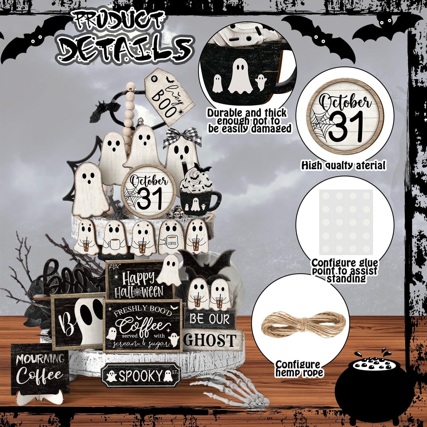 Seeloowy 19 Pcs Halloween Tiered Tray Decor Set Happy Halloween Cut Ghost Boo Wooden Signs Bat Coffee Rustic Table Decorations for Farmhouse Kitchen Shelf Party Supplies
