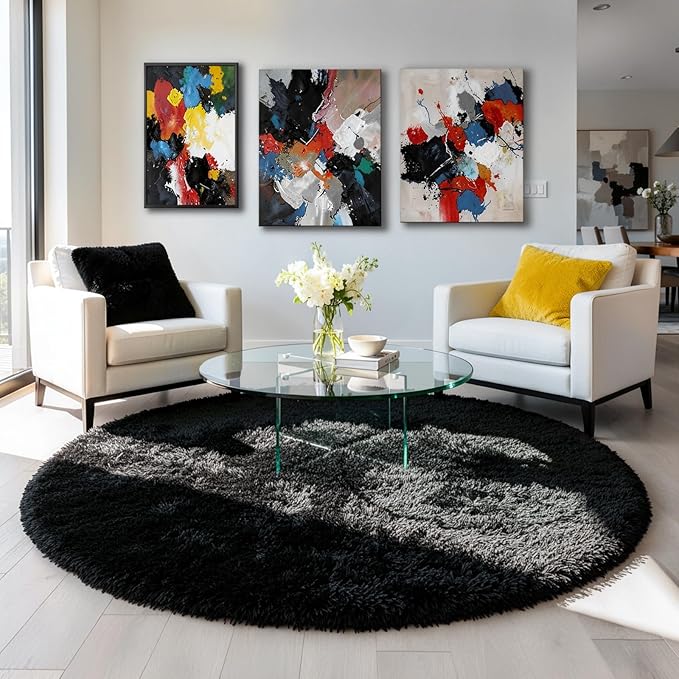 Black Round Rug 6Ft for Bedroom Aesthetic, Fluffy Plush Circle Area Rugs for Living Room, Large Big Fuzzy Modern Cool Carpet for Baby Kids Teen Boys Mens, Office Playroom Nursery Apartment Home Decor