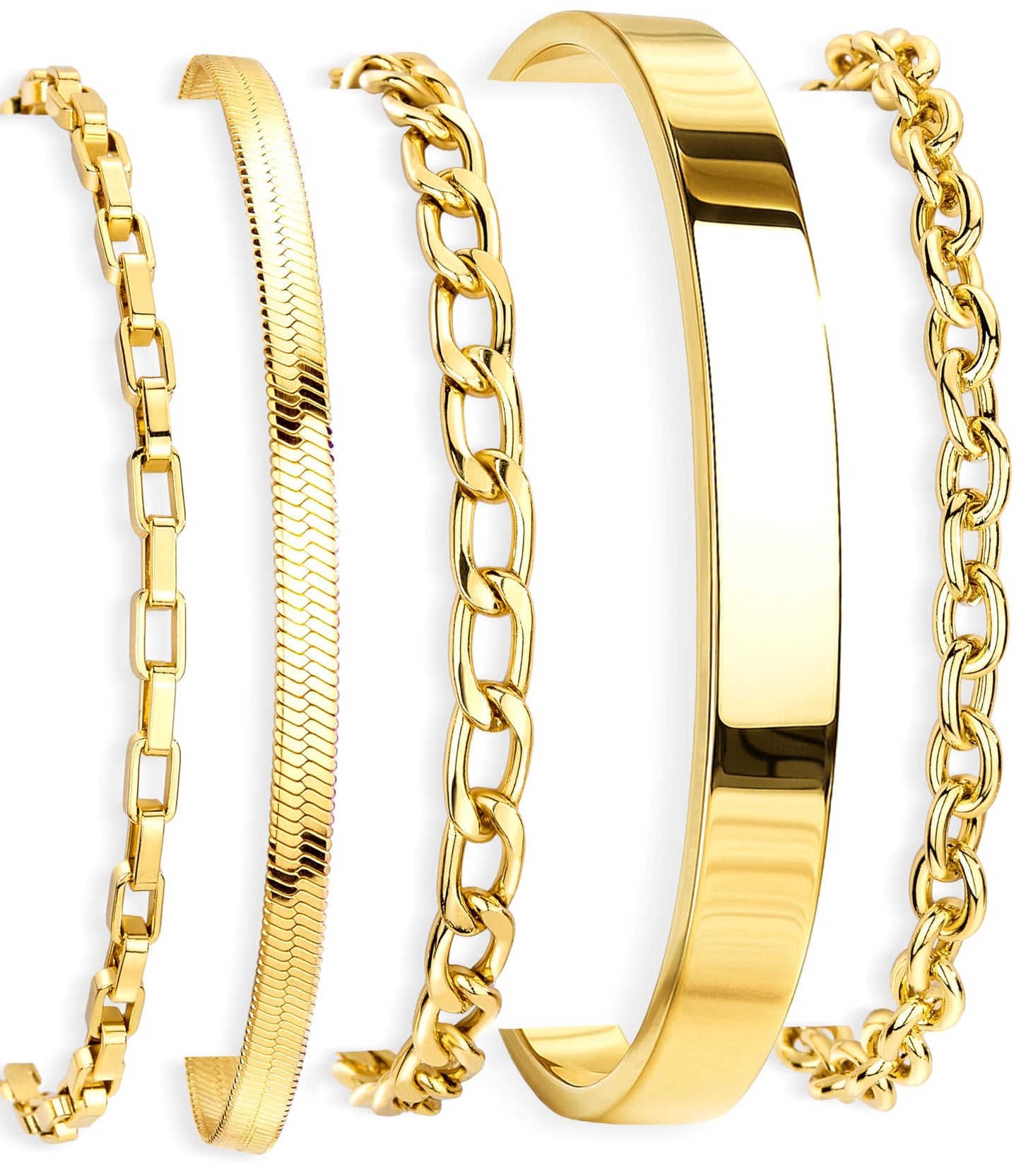 5PCS Gold Bracelet Stack for Women, Dainty Stackable Gold Bracelets Set, Gold Plated Stainless Steel Cuff & Chain Bracelets for Women Trendy, Gold Jewelry Set Gift