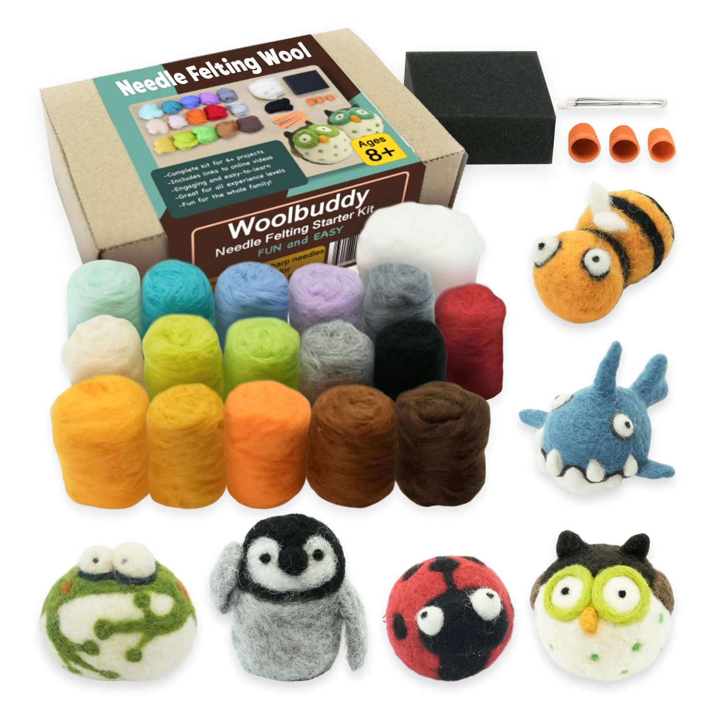 Woolbuddy Needle Felting Wool Kit – Starter Set to Make 6 Cute Animals – Includes Wool, Pad, Needles & Instructions for Beginners and Adults