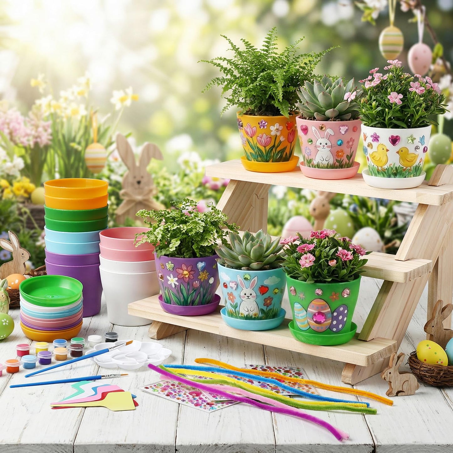 Ferrochef 24 Set Garden Plastic Paintable Flower Pot Craft Kit 4" Starter Pots DIY Painting Party Supplies Acrylic Paint Strips Gardening Kit for Planting Crafts Birthday Spring Gift (Round)