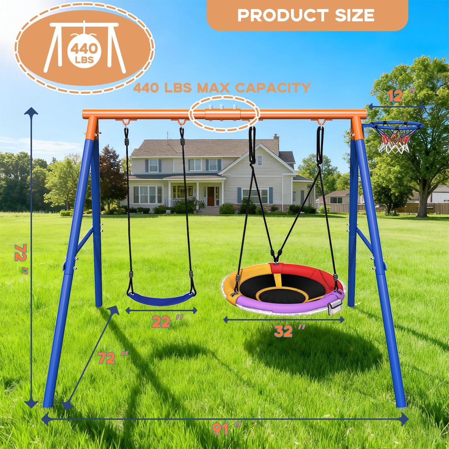 Royalove Swing Set 3-in-1 with Flying Disc Swing for Backyard, Heavy Duty 440lbs Playground Sets for Backyards Swing Set for Kids and Toddlers Age 3-8