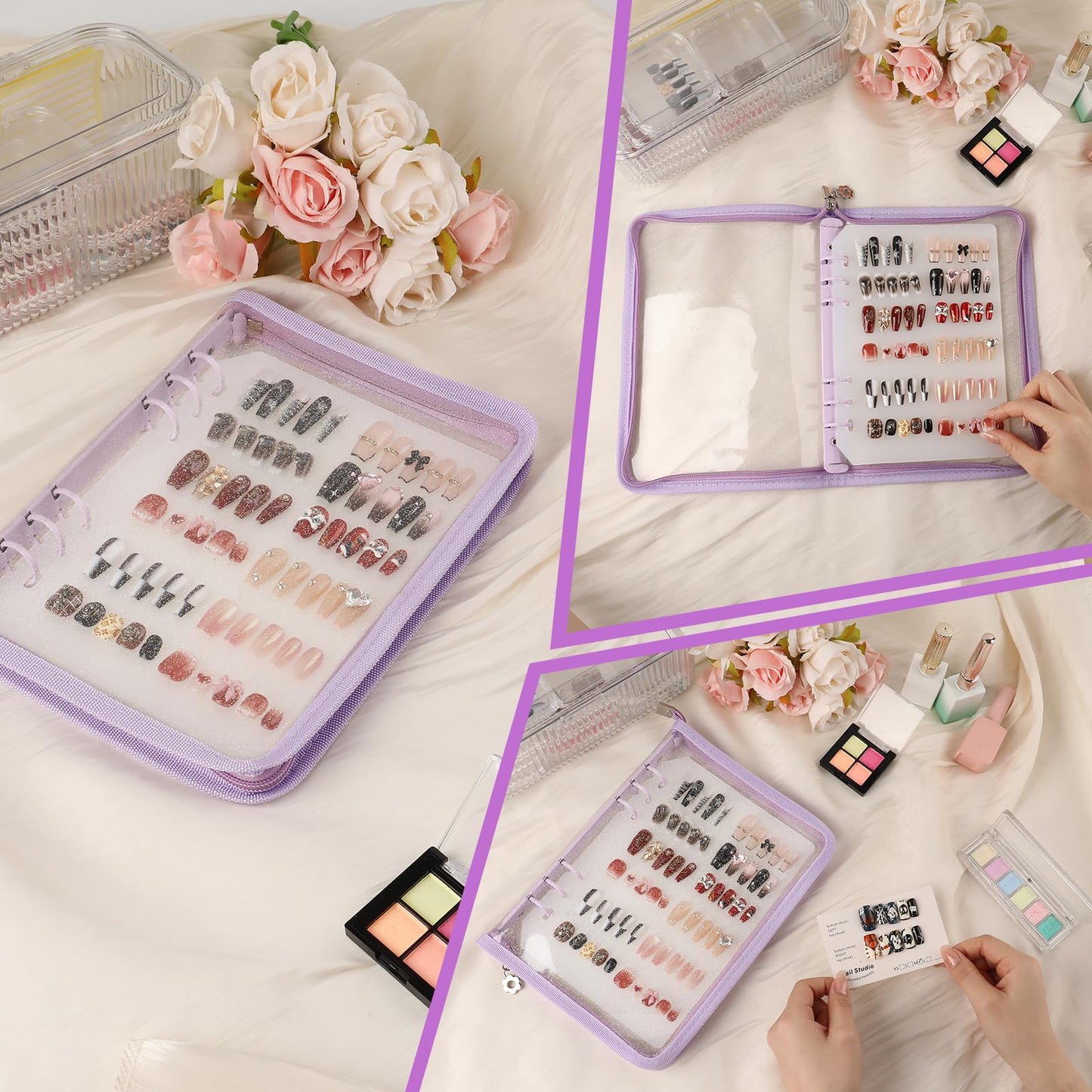 ASTONFOG Press on Nail Organizer Binder Book, 8 A5-Sized Insert Pages & Double Sized Tape, Press on Nails Display Storage Book, Reusable Fake Nail Swatch Collecting Book (Purple)