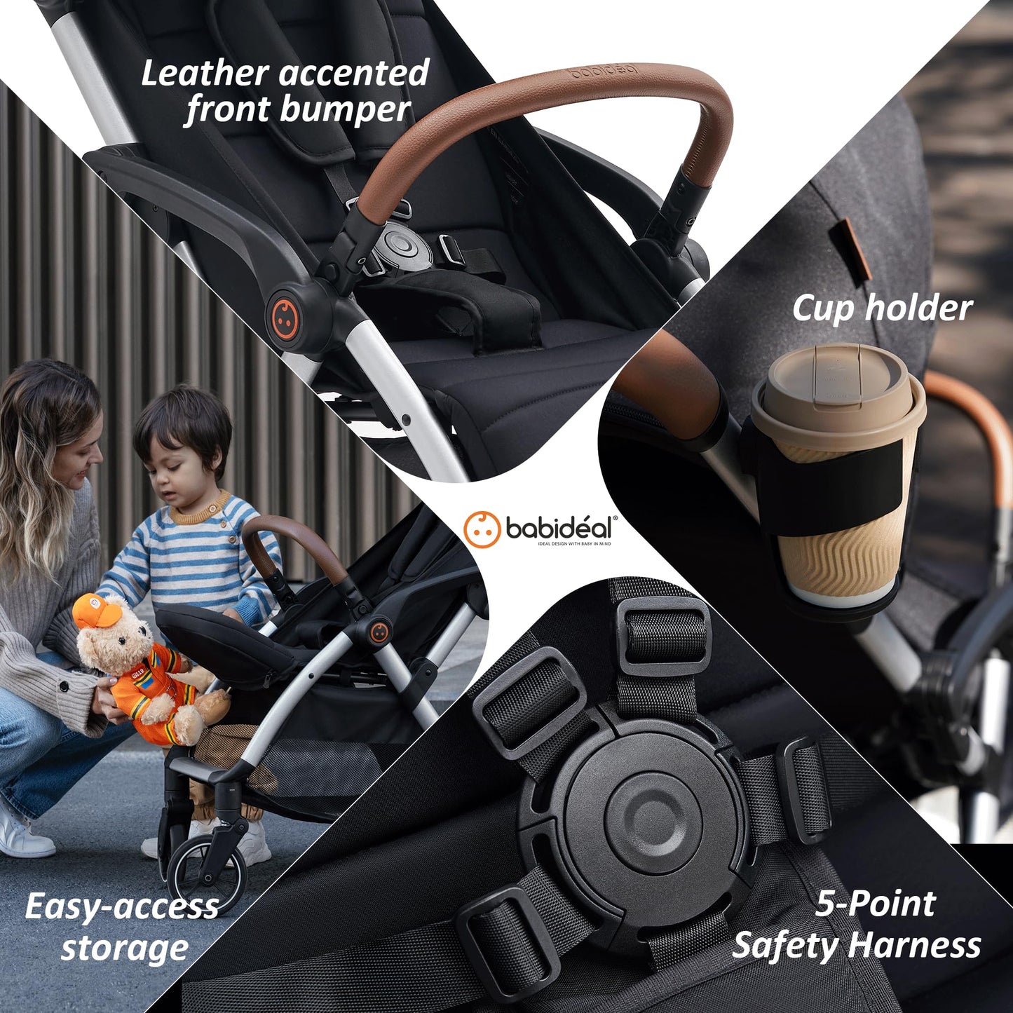 Babideal Lightweight Travel Stroller for Baby, Self-Folding Toddler Stroller with Large Canopy, Full-Reclining Seat, Cup Holder Included - Newborn to 50lbs. (Black)