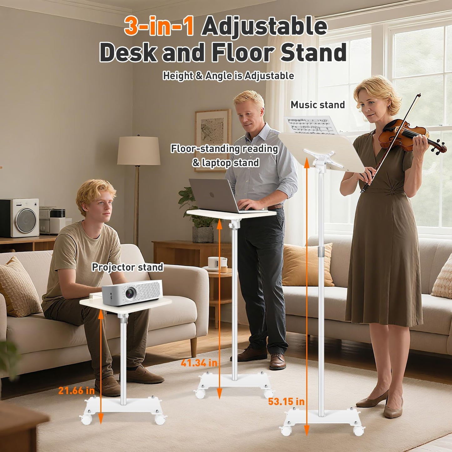 TNNOP Rolling Book Stand with Wheels for Reading, Floor Standing Book Holder with Page Clips, 19"–51" Height Adjustable, Sturdy Podium Stand for Reading, Bible, Laptop, Cookbooks, or Projector