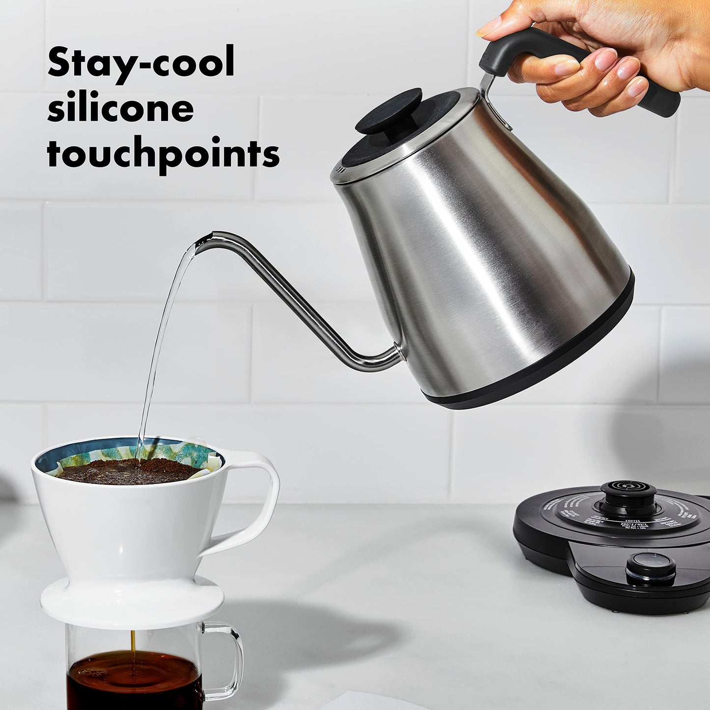 OXO Brew Gooseneck Electric Kettle – Hot Water Kettle, Pour Over Coffee & Tea Kettle, Adjustable Temperature, Built-In Brew Timer, Stainless Steel, 1L
