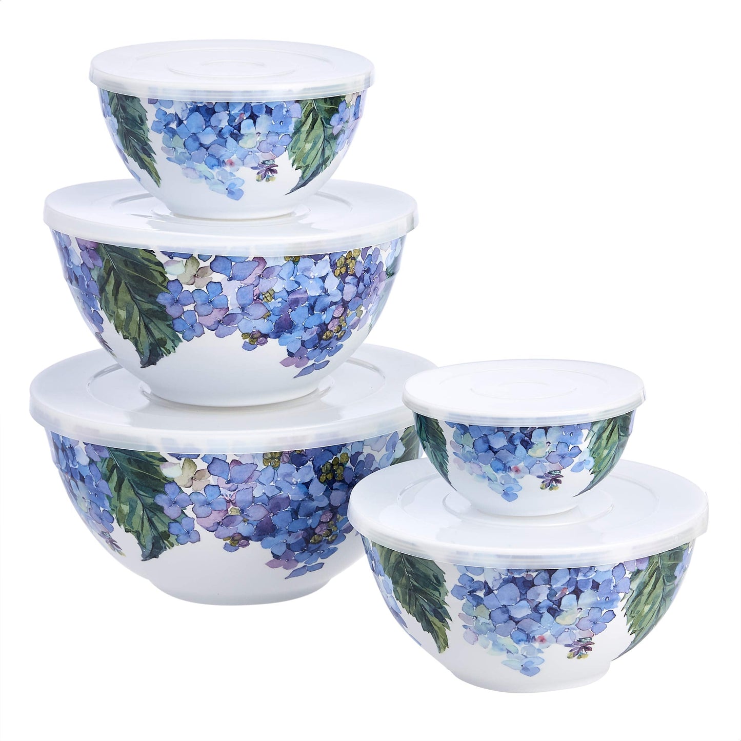 Amazon Basics Nesting Melamine Mixing Bowls with Lids and Non-Slip Base, 5 Sizes, Dishwasher Safe, BPA Free, Space Saving, Hydrangea Floral, Set of 10