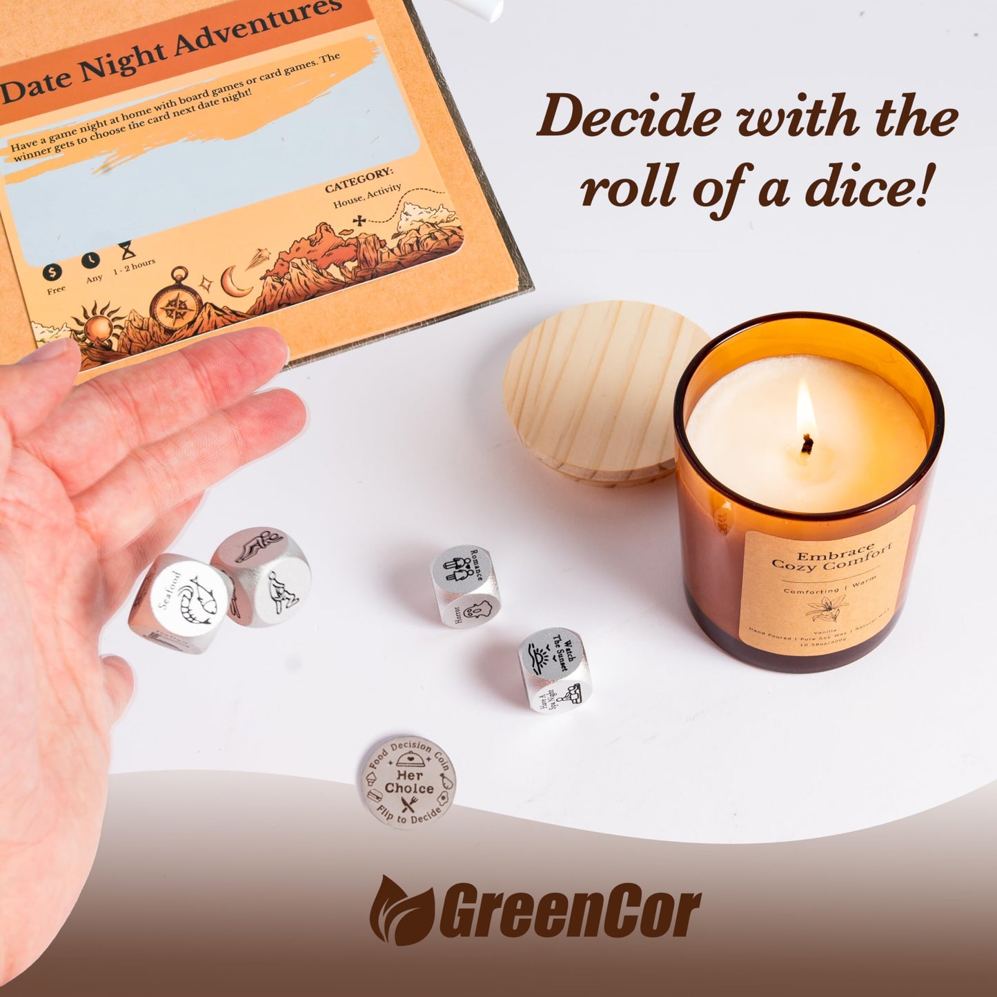 GreenCor Couples Date Night Adventure Gift Box Scratch-Off Date Ideas - Anniversary or Birthday Gifts for Girlfriend | Boyfriend - Vanilla and Lavender Candles | Decision Coin & Dice