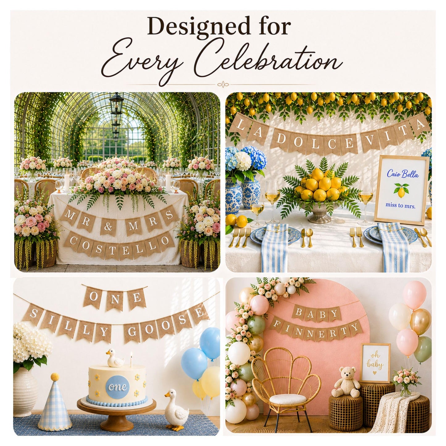 Pre-Printed Banner Kit – 97 BURLAP Flags with WHITE Letters, Numbers & Symbols, Reusable DIY Custom Banner, Make Your Own Personalized Banner for Aesthetic Party Decor, Natural Linen-Look Burlap, Includes Twine & Needles