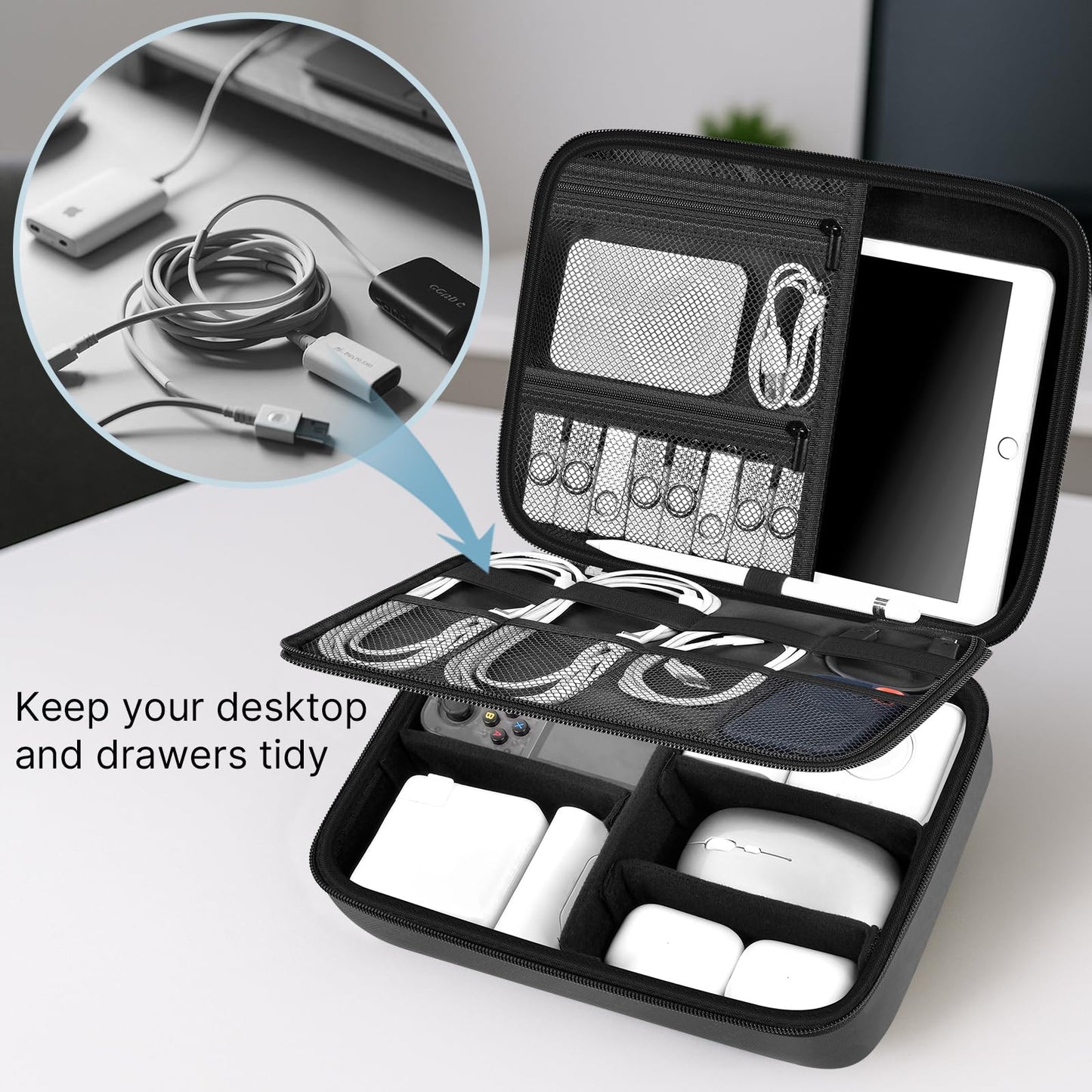 Comecase Electronics Organizer Travel Case for MacBook Pro/Air Power Adapter, Double Layer Tech Bag with 5 Dividers for iPad Mini/Air (up to 11"), Cables, Magic Mouse, Power Bank & SSD - Black