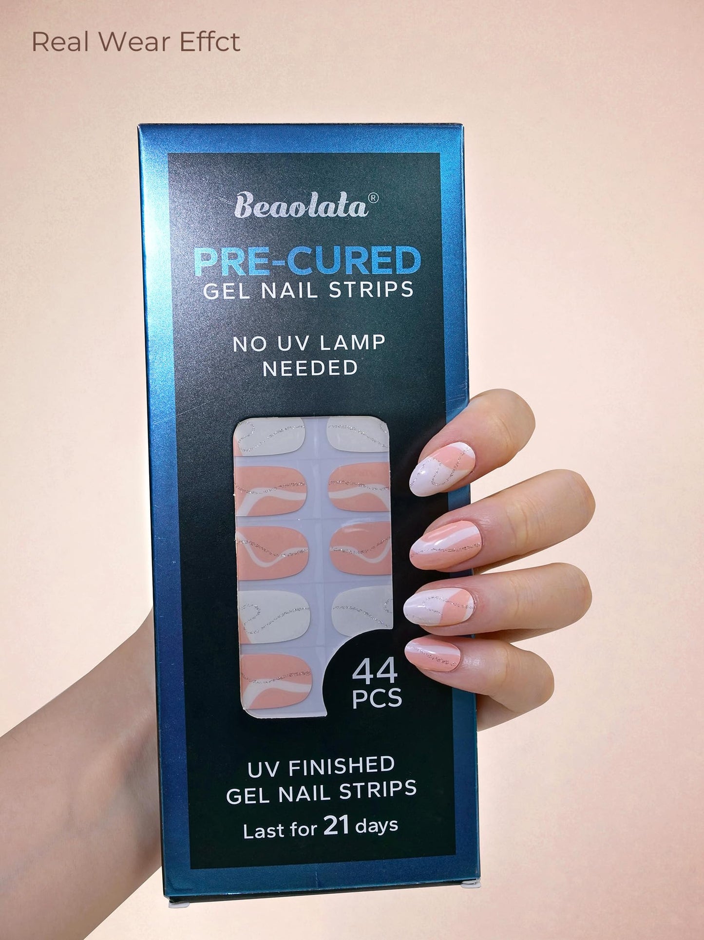 Beaolata Real Gel Nail Strips (No UV Light Needed) - 44Pcs Salon Quality Nail Stickers - Long Lasting Polish Wraps for Women, Easy Apply & Remove (Marble Pink)