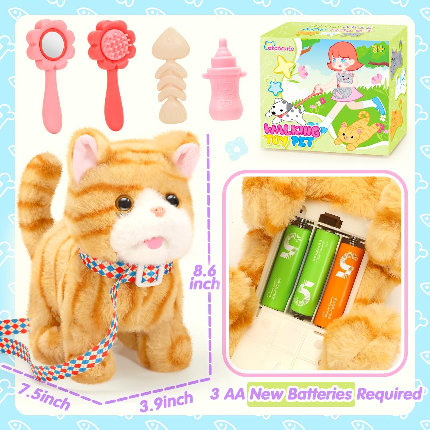 CatchCute Plush Toys Cat for Kids with Leash, Interactive Electronic Kitty That Walking,Meowing, and Tail Wagging, Stuffed Cat Christmas Birthday Gift for Boys and Girls