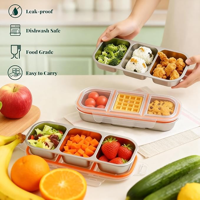 QCQHDU Snack Containers, Reusable Stainless Steel 3 Compartment Condiment Metal Bento Lunch Box with Lids, Divided Snack Food Storage Lunchable Containers for Home, Work, Travel, Camping, 1 Pack