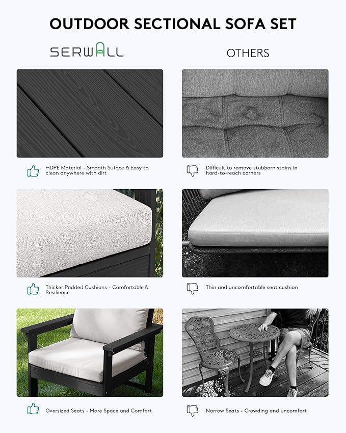 SERWALL HDPE Patio Furniture Set, 7-piece Outdoor Sectional Sofa Set, All Weather Outdoor Couch Set for Deck, Lawn, Black Frame with Khaki Cushion