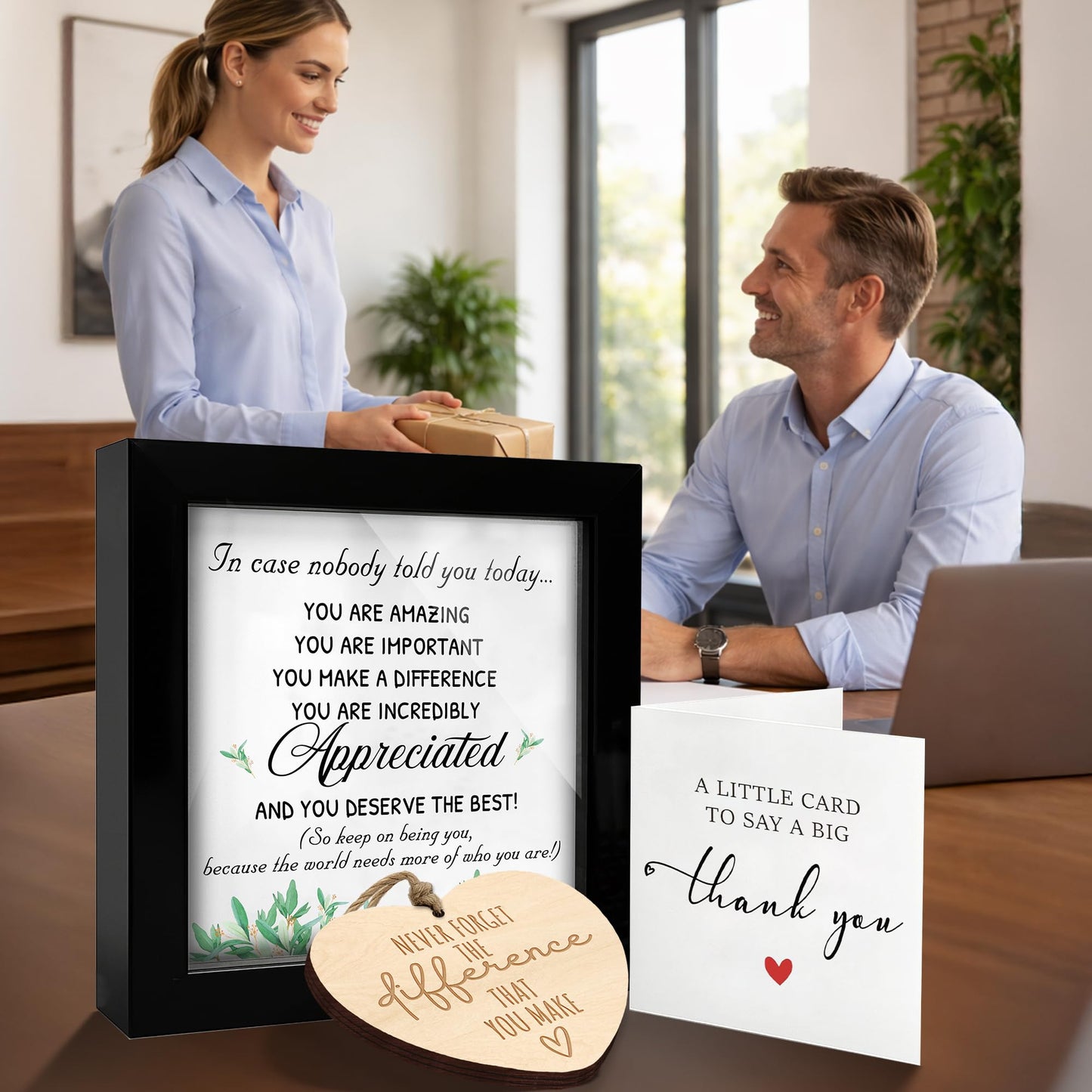 Thank You Appreciation Gift Set with Inspirational Quote Sign, Wooden Heart Ornament & Card – Meaningful Recognition Gift Doctor, Coworkers, Employees, Teachers – Desk or Wall Decor HF483