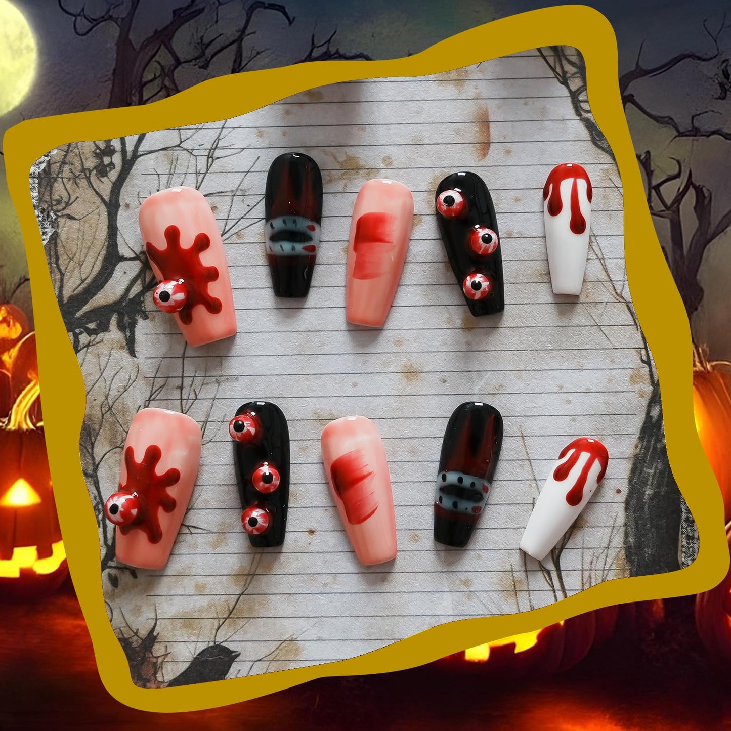 Tesytto Handmade Press on Nails Long Coffin - 3D Eyeballs with Red Drops Design, Multi-Layer Gel Acrylic Nails for Parties, Halloween (Vampire Eyes,M)