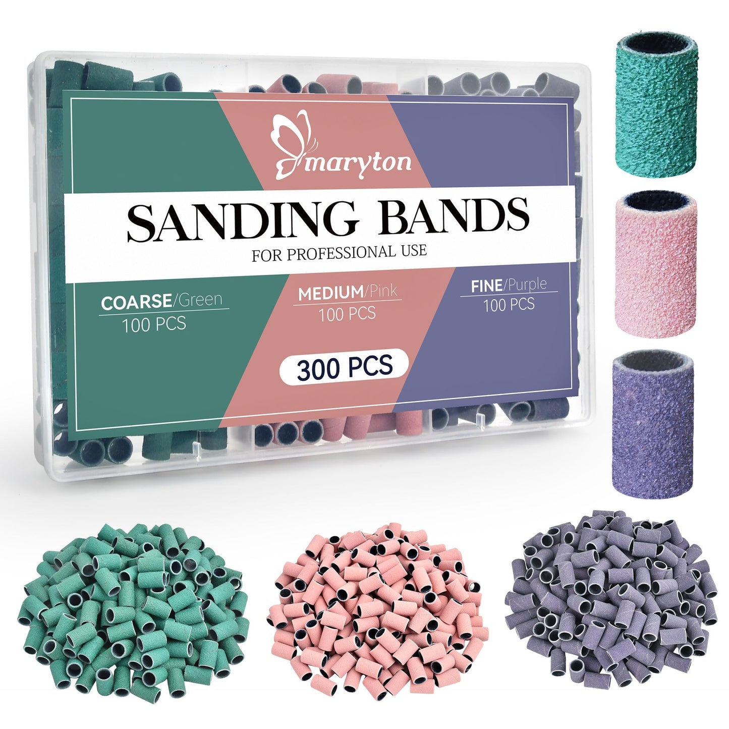 Maryton 300 Pcs Sanding Bands for Nail Drill, 100/150/240 Grit Coarse/Medium/Fine Nail Sanding Band Bulk for Professional Salons Manicures and Pedicures