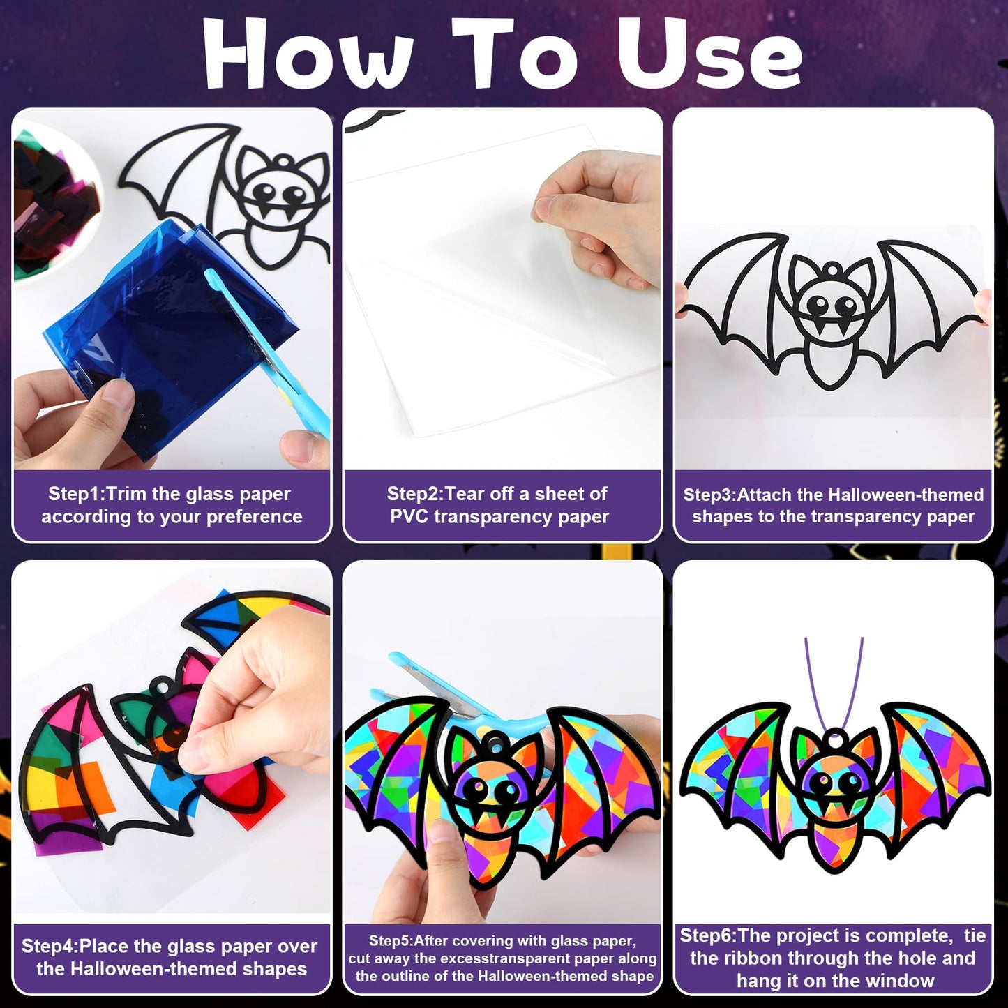 QOUBAI 32 Sets Halloween Bats Suncatchers Craft Kit DIY Window Stained Glass Effect Halloween Bats Paper Crafts Home School Classroom Decoration Kid Birthday Gift Creative Art Project Activity Game