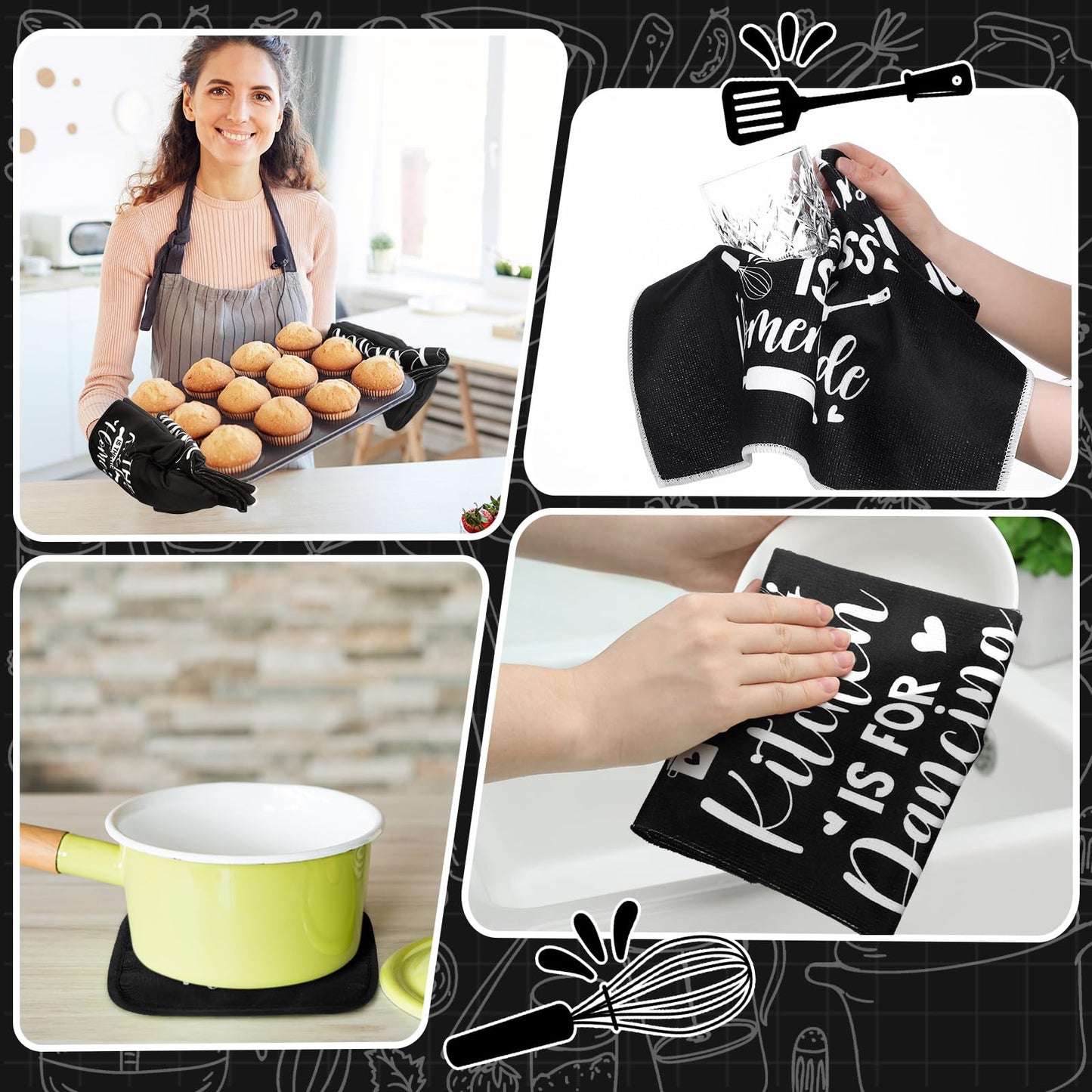 Fourluoo 10 Pcs Farmhouse Kitchen Decor and Accessories Set 4 Kitchen Towels 2 Pot Holders 2 Oven Mitts 2 Rugs for Cooking Baking Mom Housewarming Gifts(Black,Classic Style)
