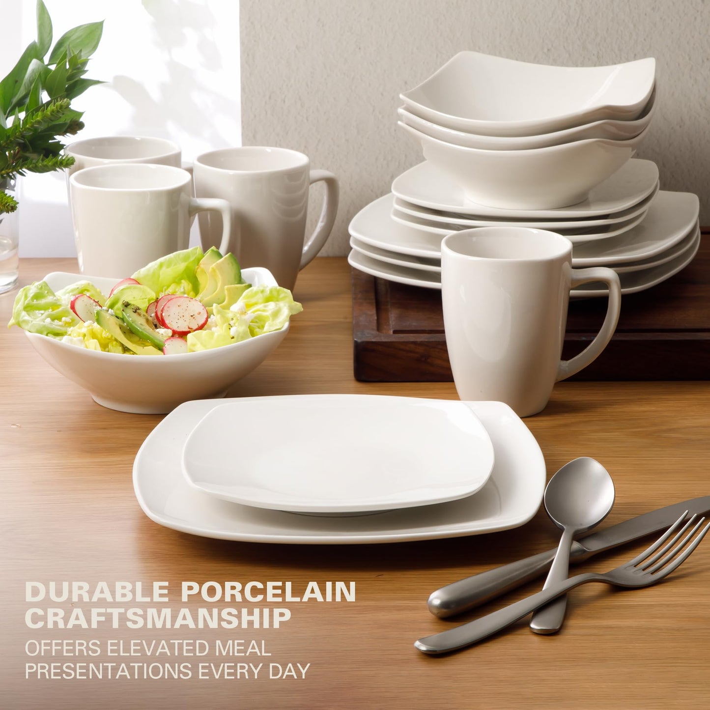 Gibson Home Zen Buffet White Porcelain Dinnerware Set for 4, Square Plates Bowls and Mugs, Chip and Scratch Resistant, Dishwasher and Microwave Safe, 16 Piece
