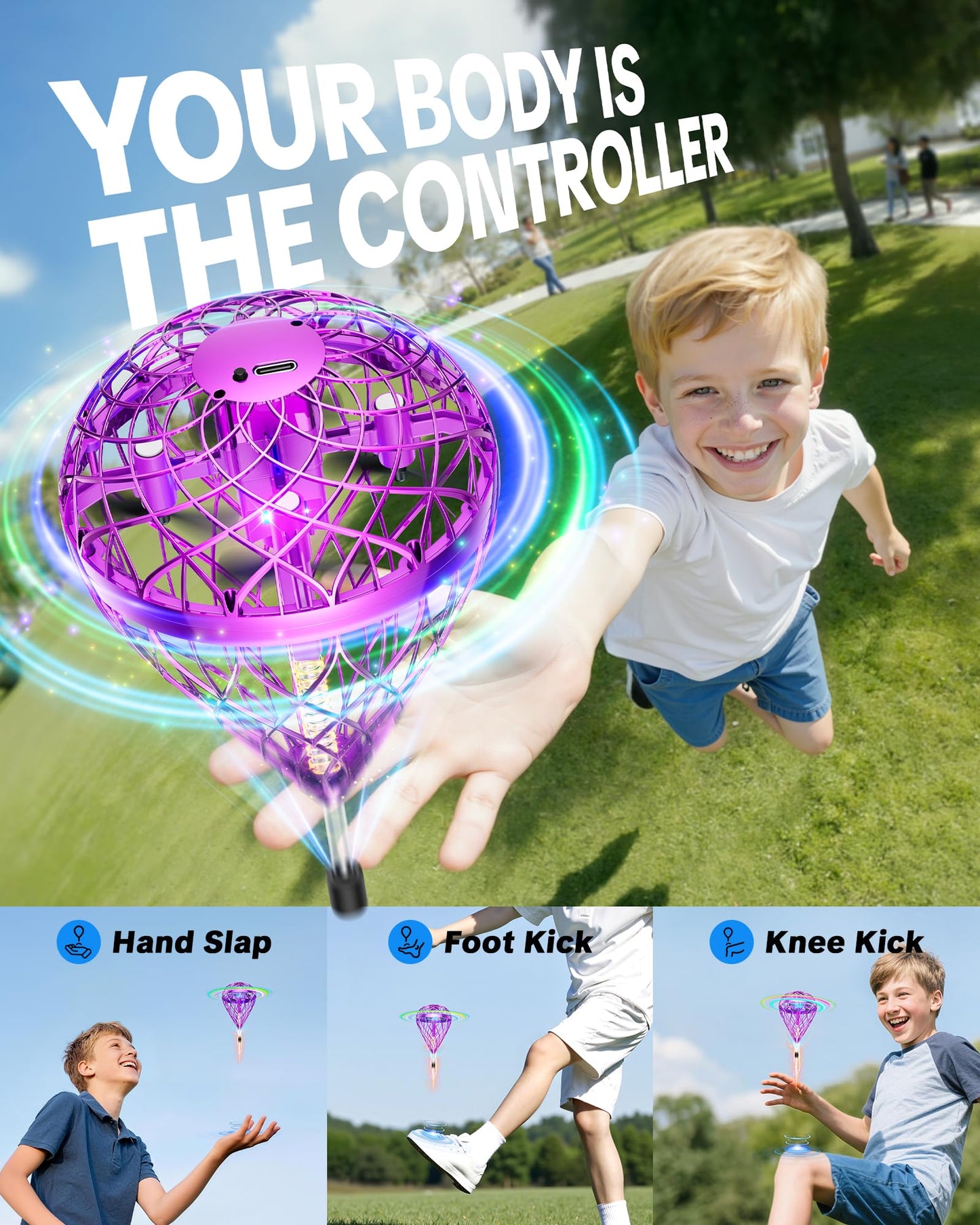 Flystars Flying Bouncing Toys, Next-Gen Pro 2025 Cosmic Globe Flying Orb Ball Motion-Control Hover Spinner with 3D Flips, Cool Interactive Gift Toy for Kids 6+ Boys Girls Teens(Purple-S)