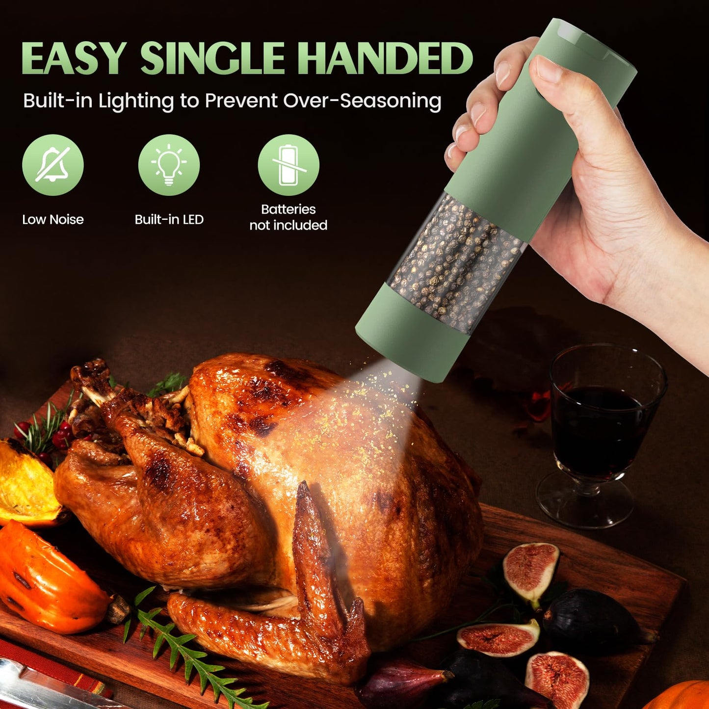 Salt and Pepper Grinder Set Mom Gifts, Electric Automatic Green Salt Pepper Shakers Home Kitchen Gadgets for New Home, Adjustable Coarseness Pepper Grinder Kitchen Appliances
