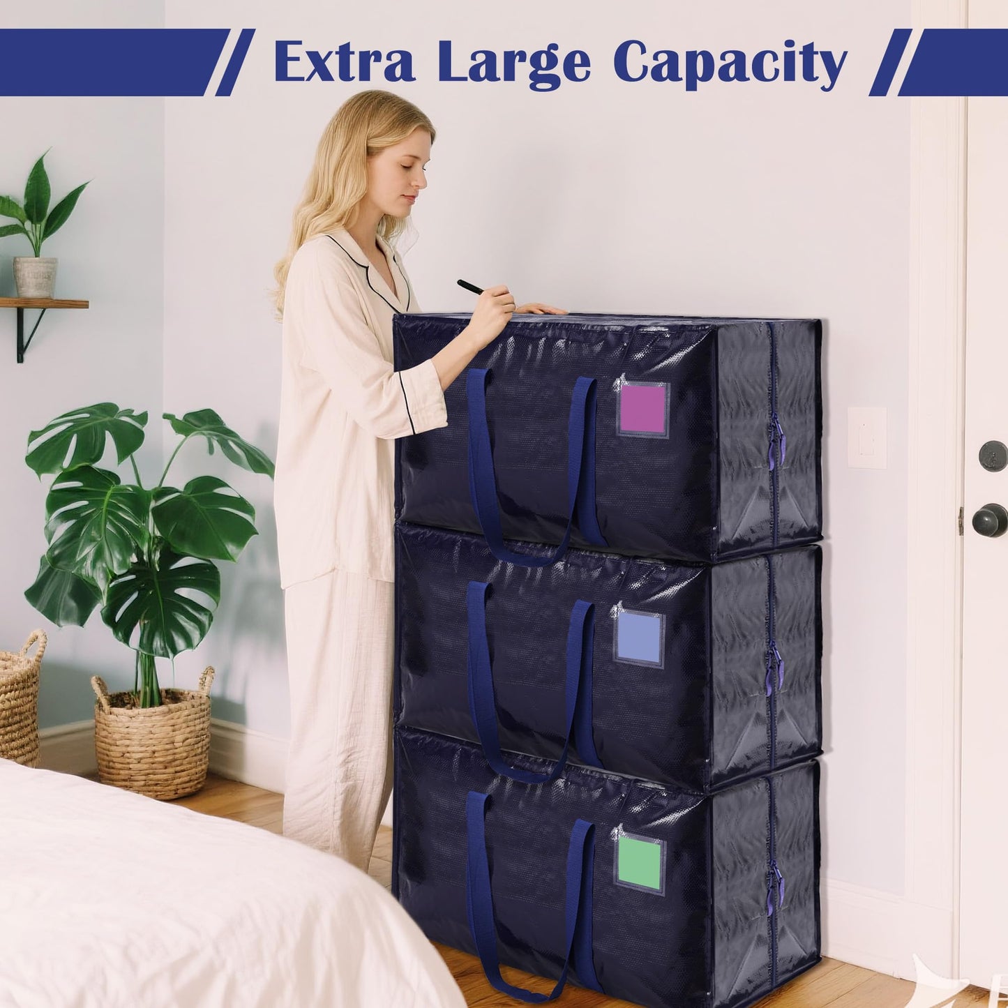 RMOHRO 6 Pack Moving Bags Heavy Duty 210GSM with Full-Open Side Zipper, 93L 65lbs Waterproof Foldable Storage Totes for College Dorm Move-In, Moving Boxes Alternative & Home Organization, Blue